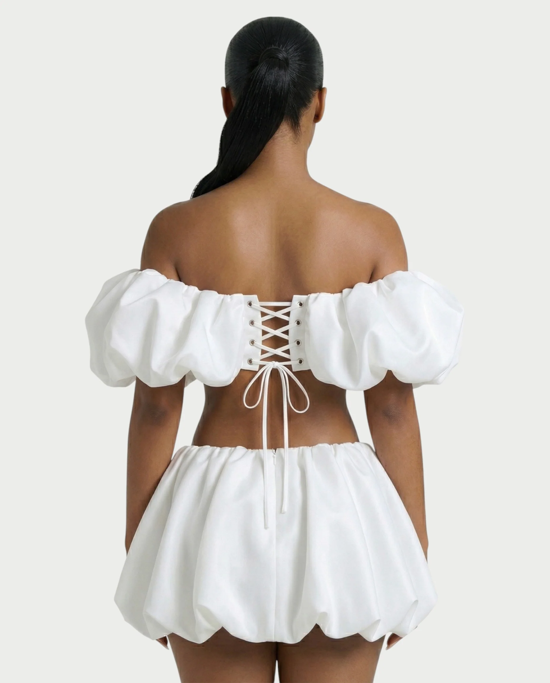 POMILE Rosette Off-Shoulder Top & Bubble Mini Skort Set - Image 6