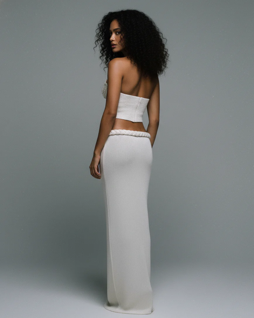 POSIE Crochet Pearl Detail Strapless Top & Maxi Skirt Set - Image 4