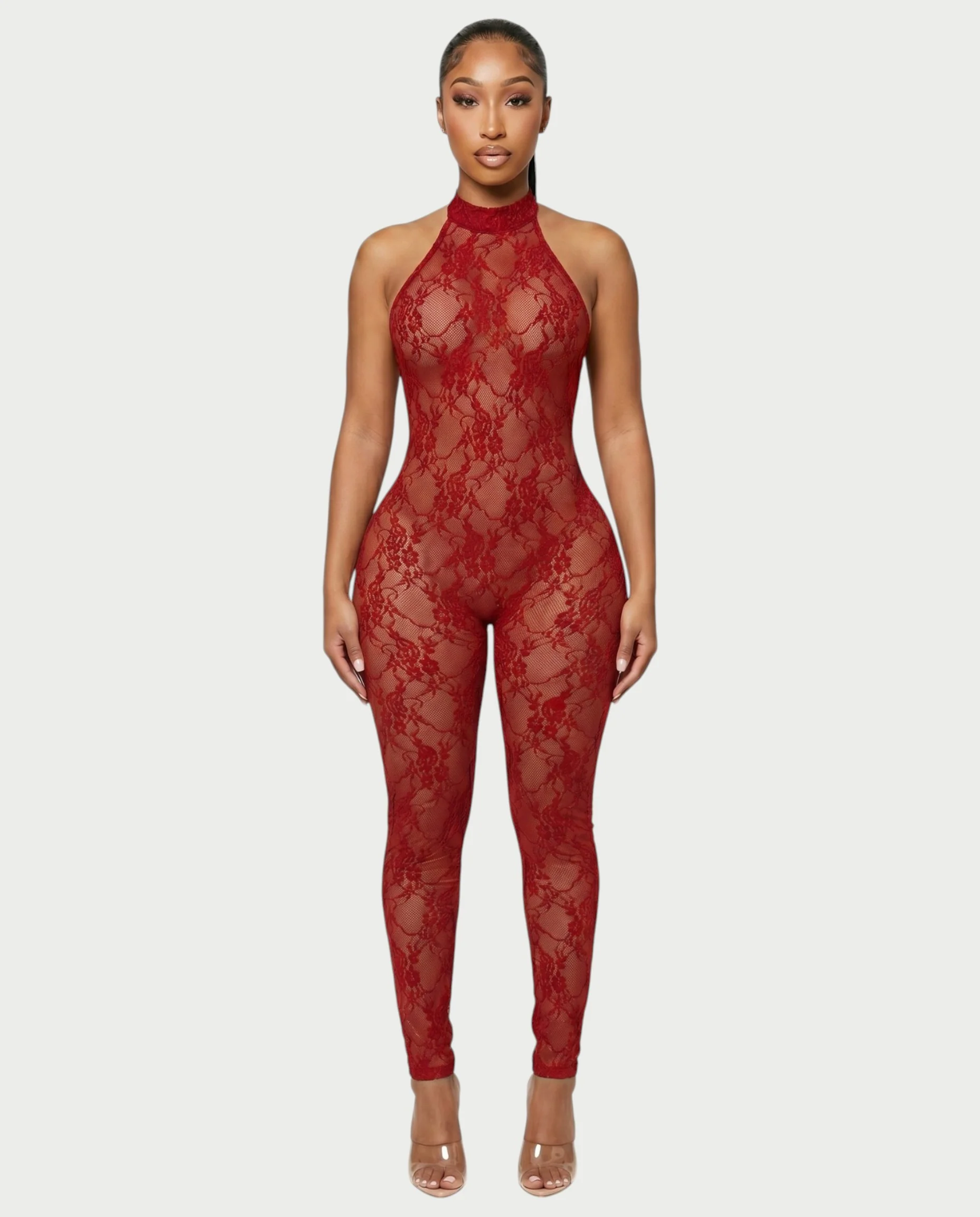 QIRELLA Sheer Lace Backless Bodycon Jumpsuit