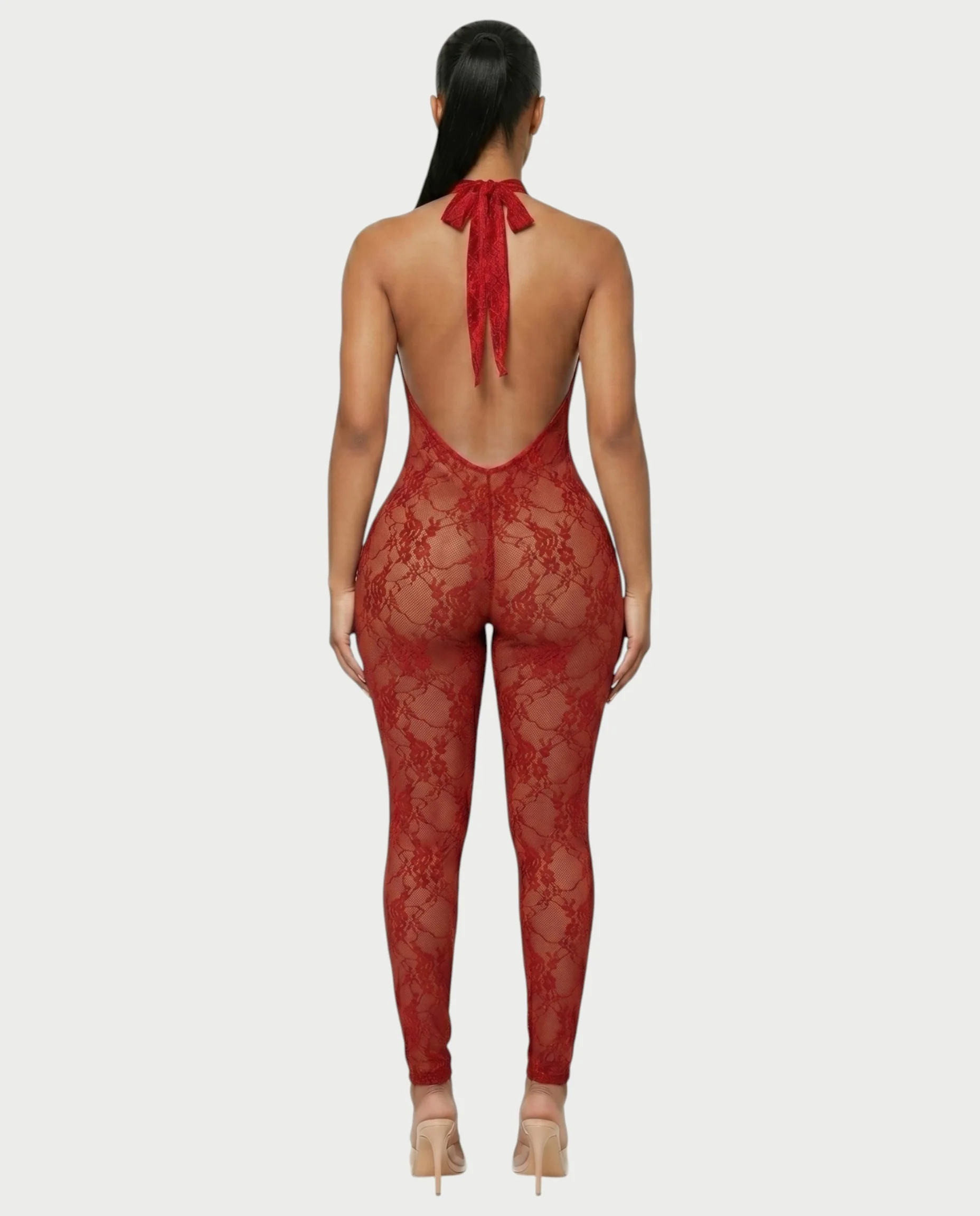 QIRELLA Sheer Lace Backless Bodycon Jumpsuit - Image 2