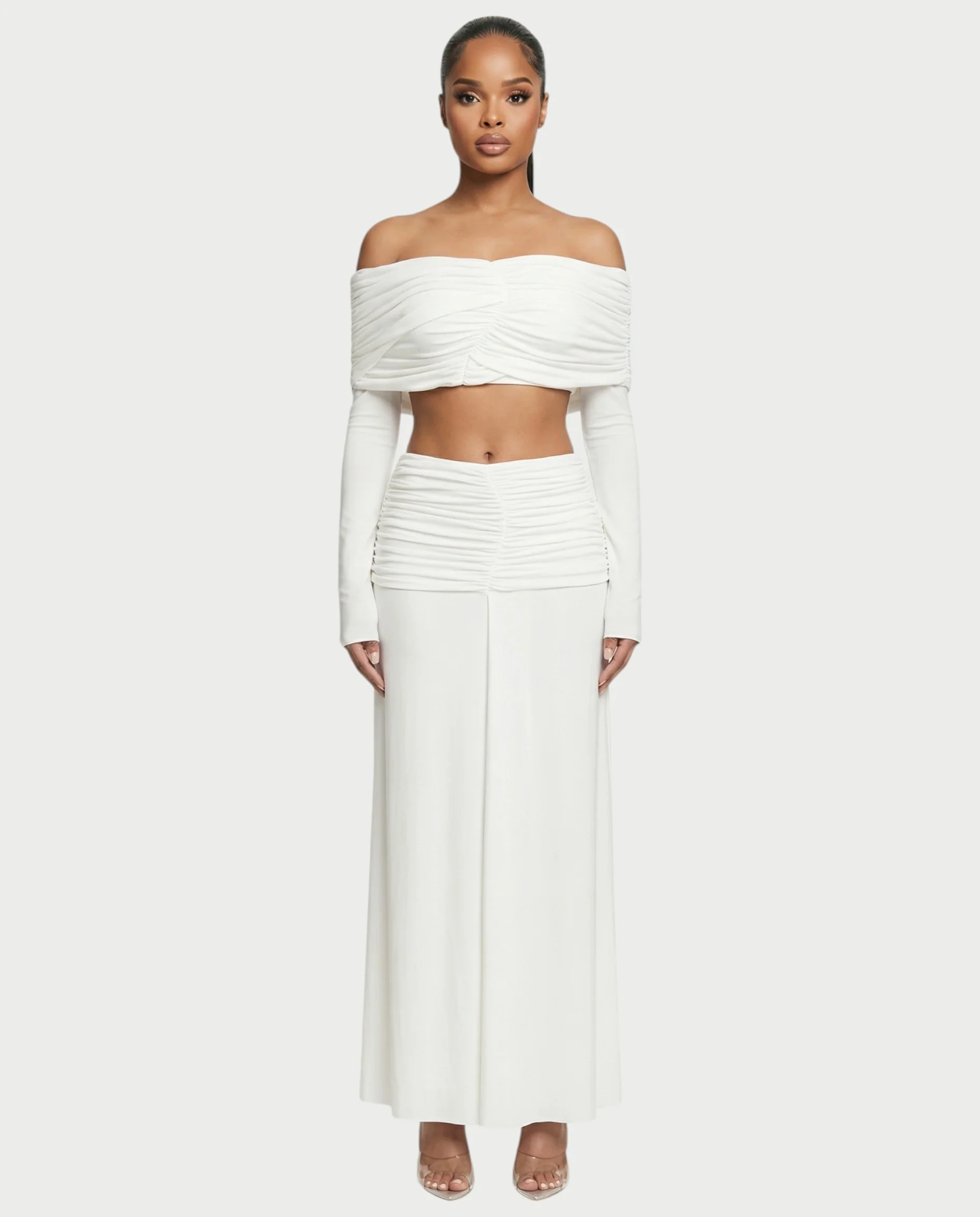 QUENA Off-Shoulder Ruched Crop Top & Maxi Skirt Set