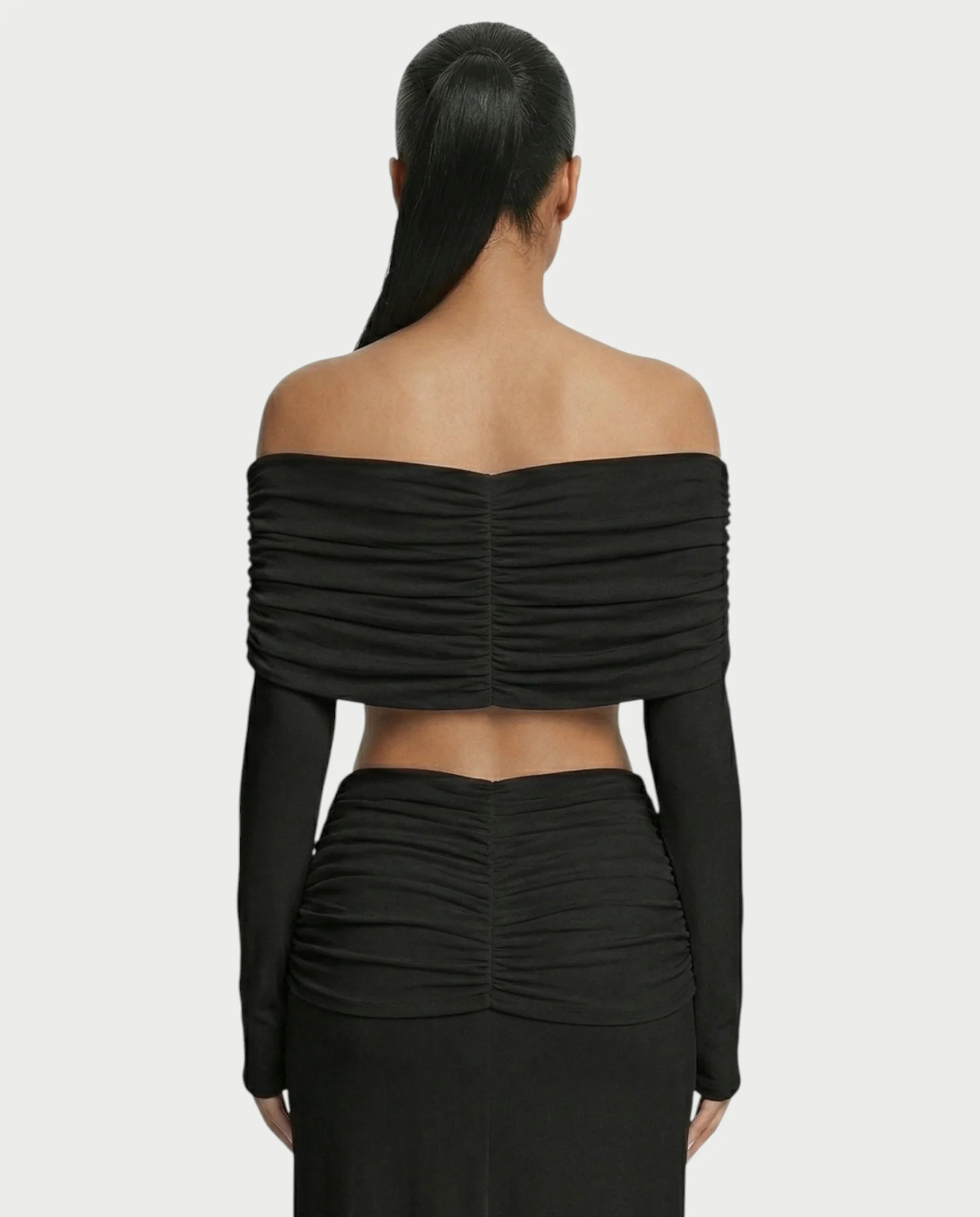 QUENA Off-Shoulder Ruched Crop Top & Maxi Skirt Set - Image 10