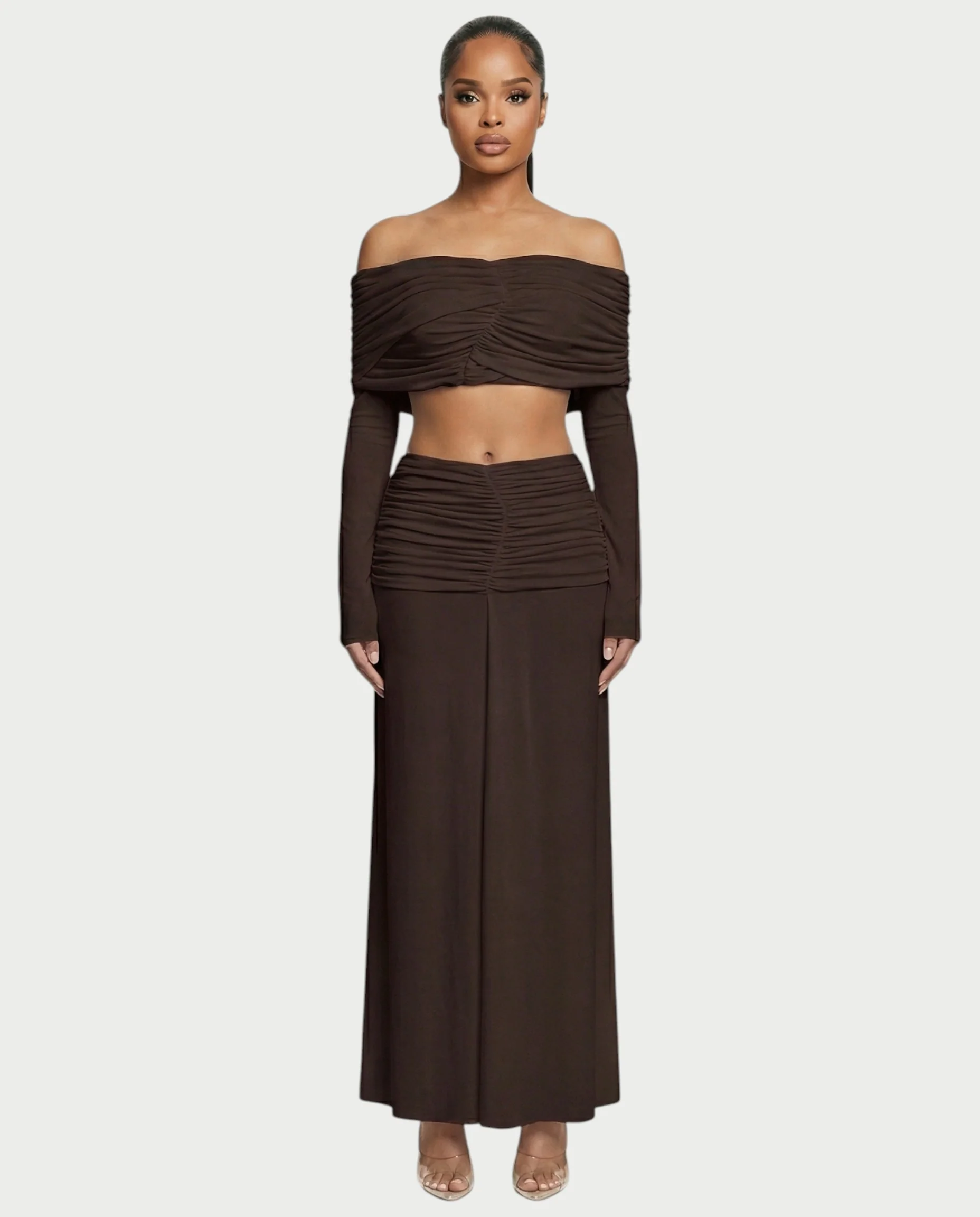 QUENA Off-Shoulder Ruched Crop Top & Maxi Skirt Set - Image 11