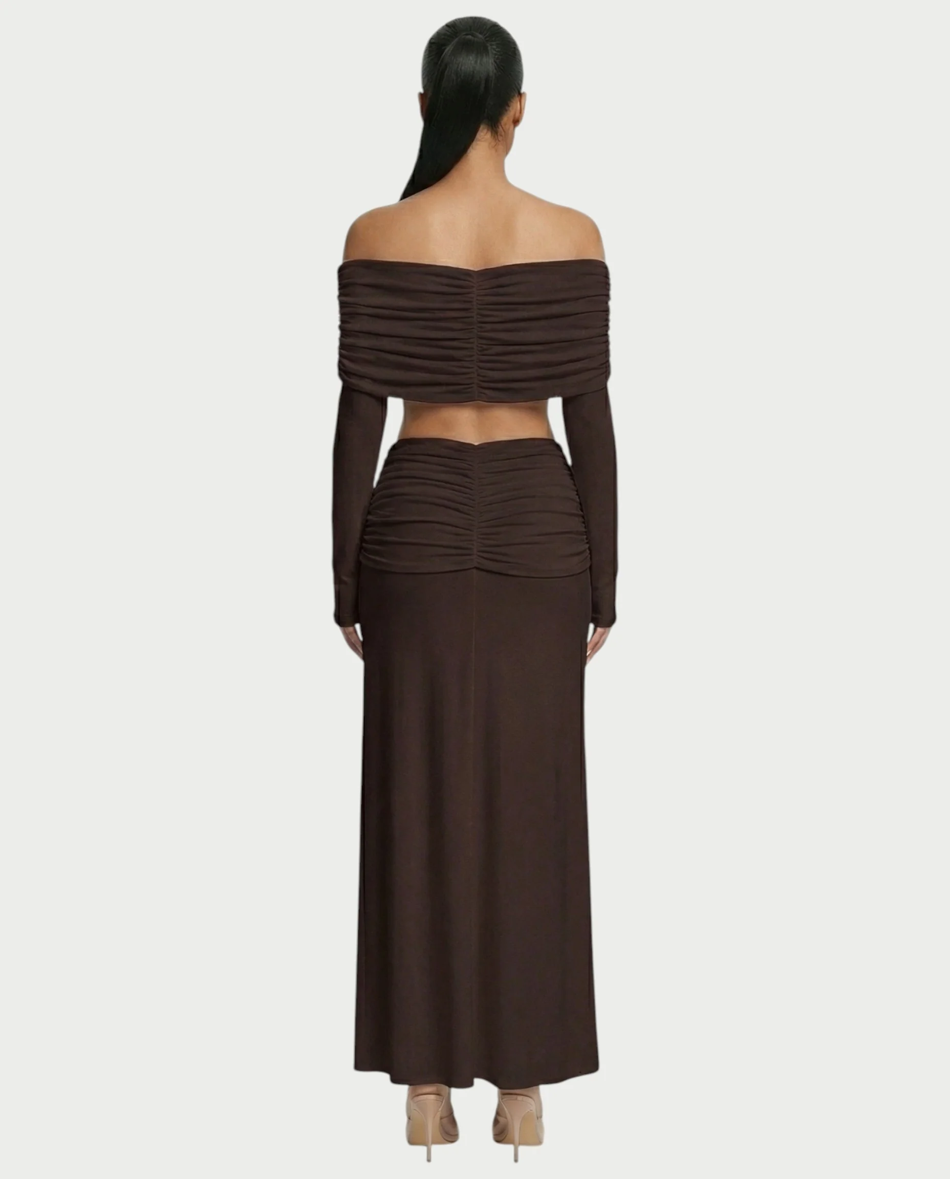 QUENA Off-Shoulder Ruched Crop Top & Maxi Skirt Set - Image 12