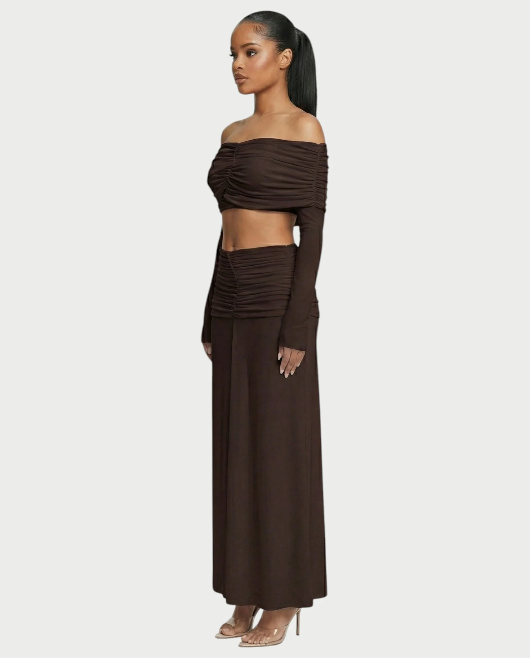 QUENA Off-Shoulder Ruched Crop Top & Maxi Skirt Set - Image 13