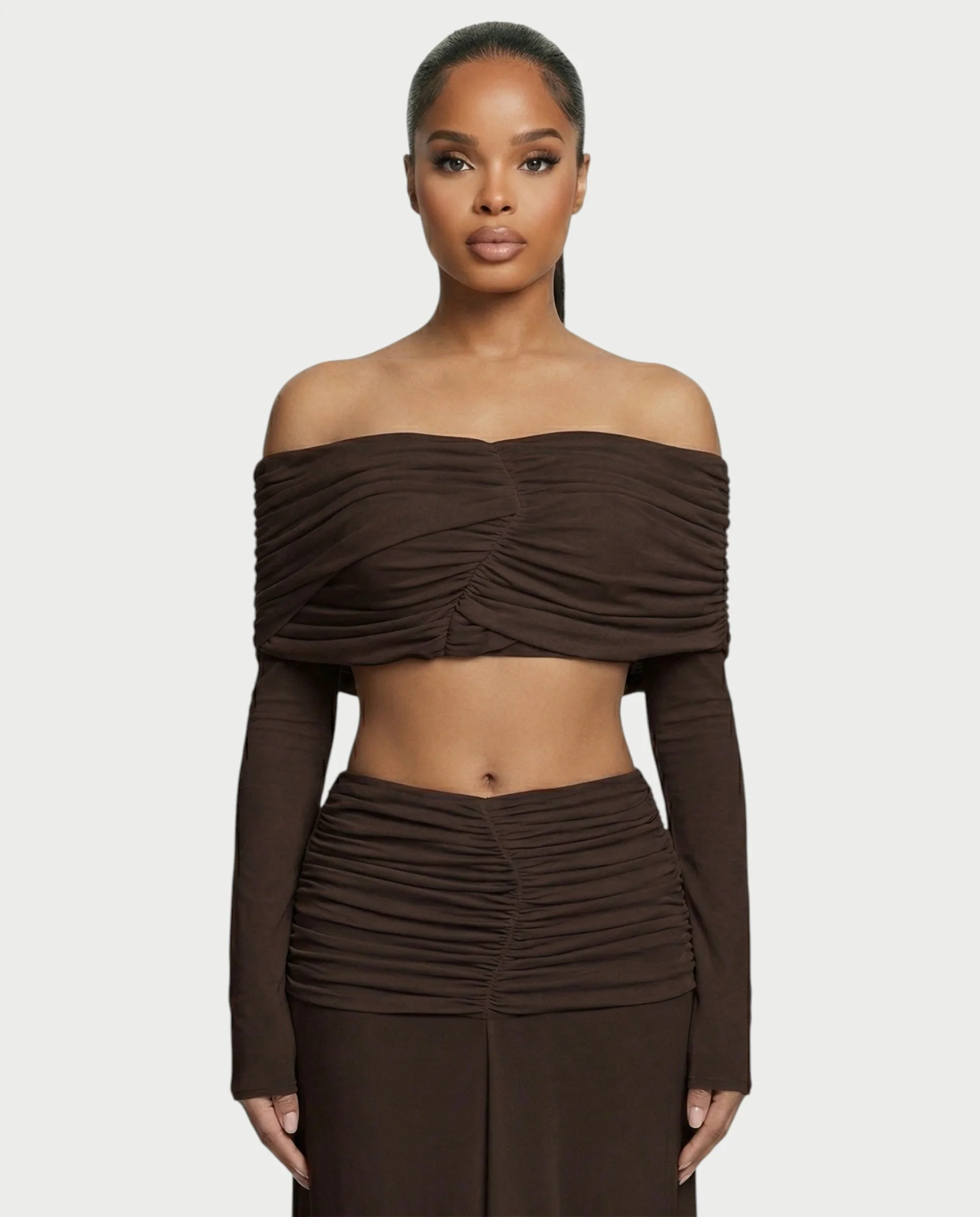 QUENA Off-Shoulder Ruched Crop Top & Maxi Skirt Set - Image 14