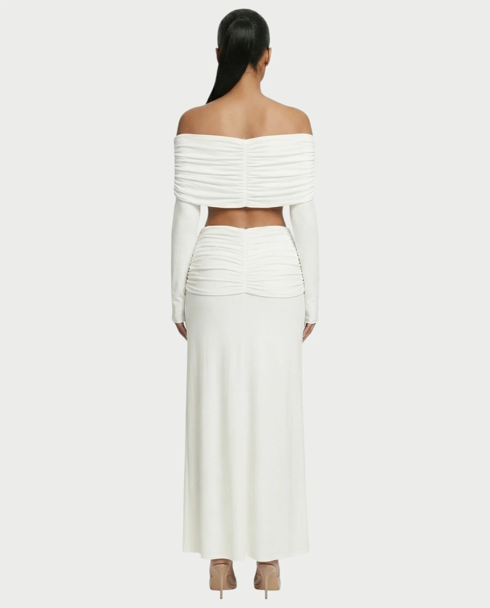 QUENA Off-Shoulder Ruched Crop Top & Maxi Skirt Set - Image 2