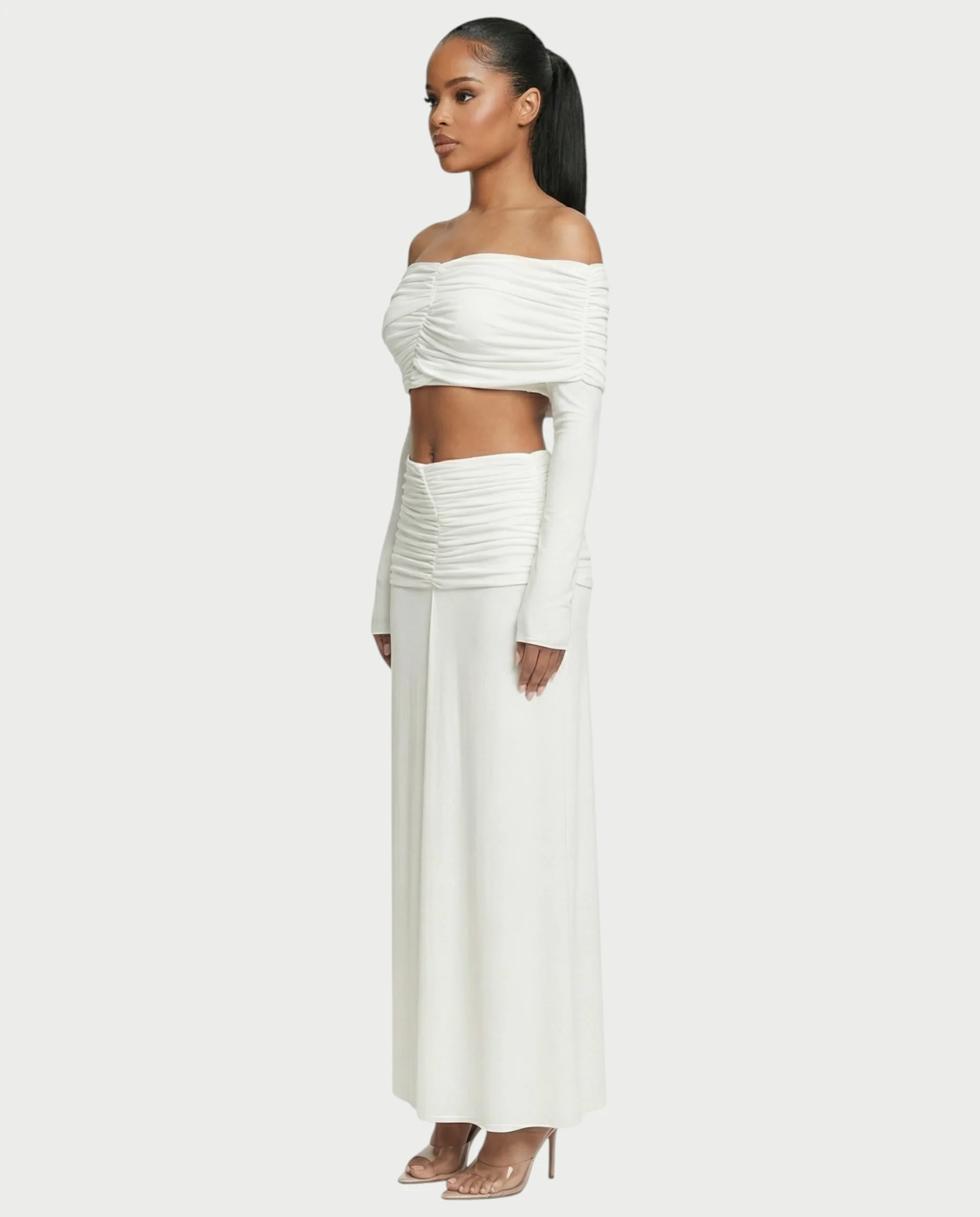QUENA Off-Shoulder Ruched Crop Top & Maxi Skirt Set - Image 3