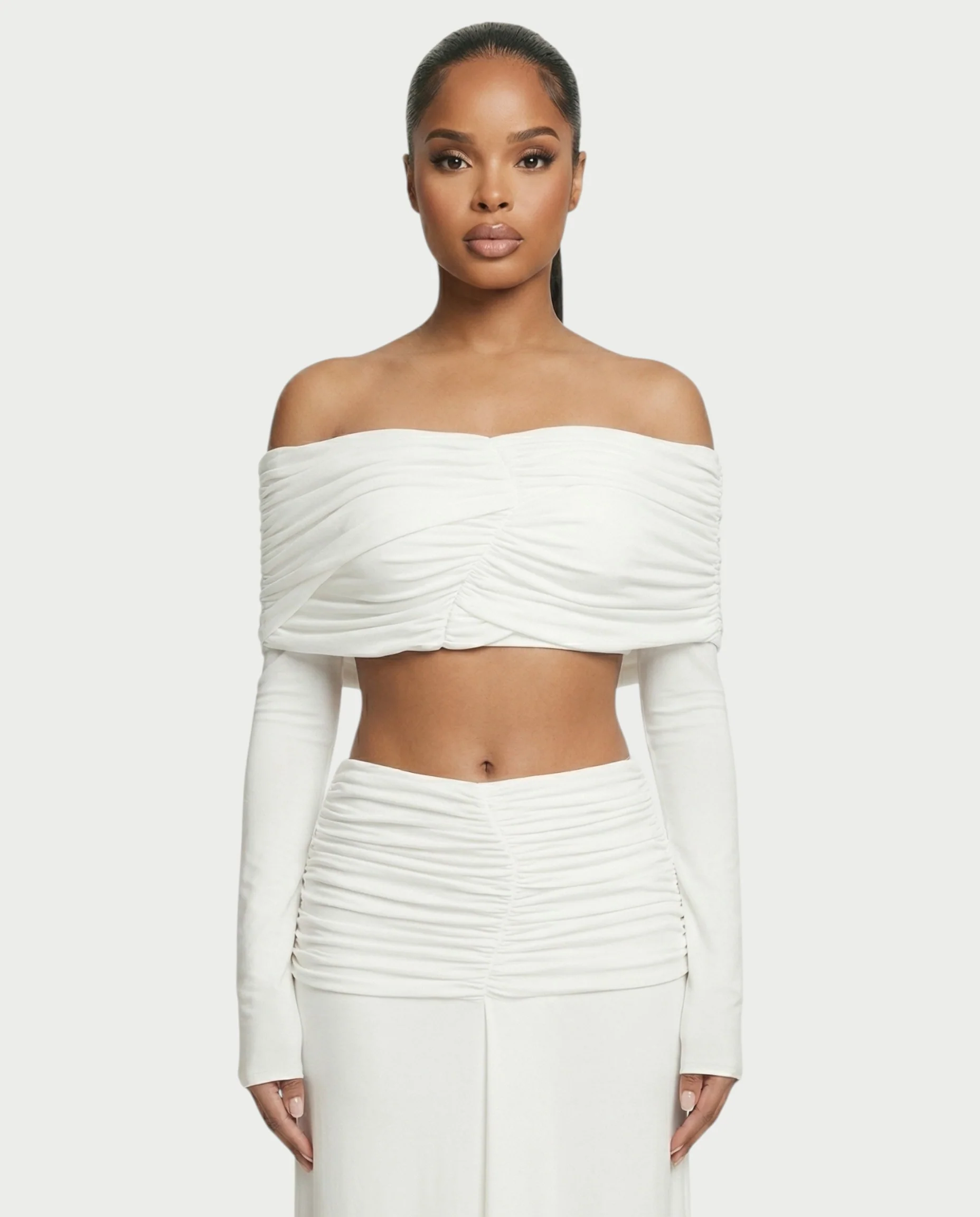 QUENA Off-Shoulder Ruched Crop Top & Maxi Skirt Set - Image 4