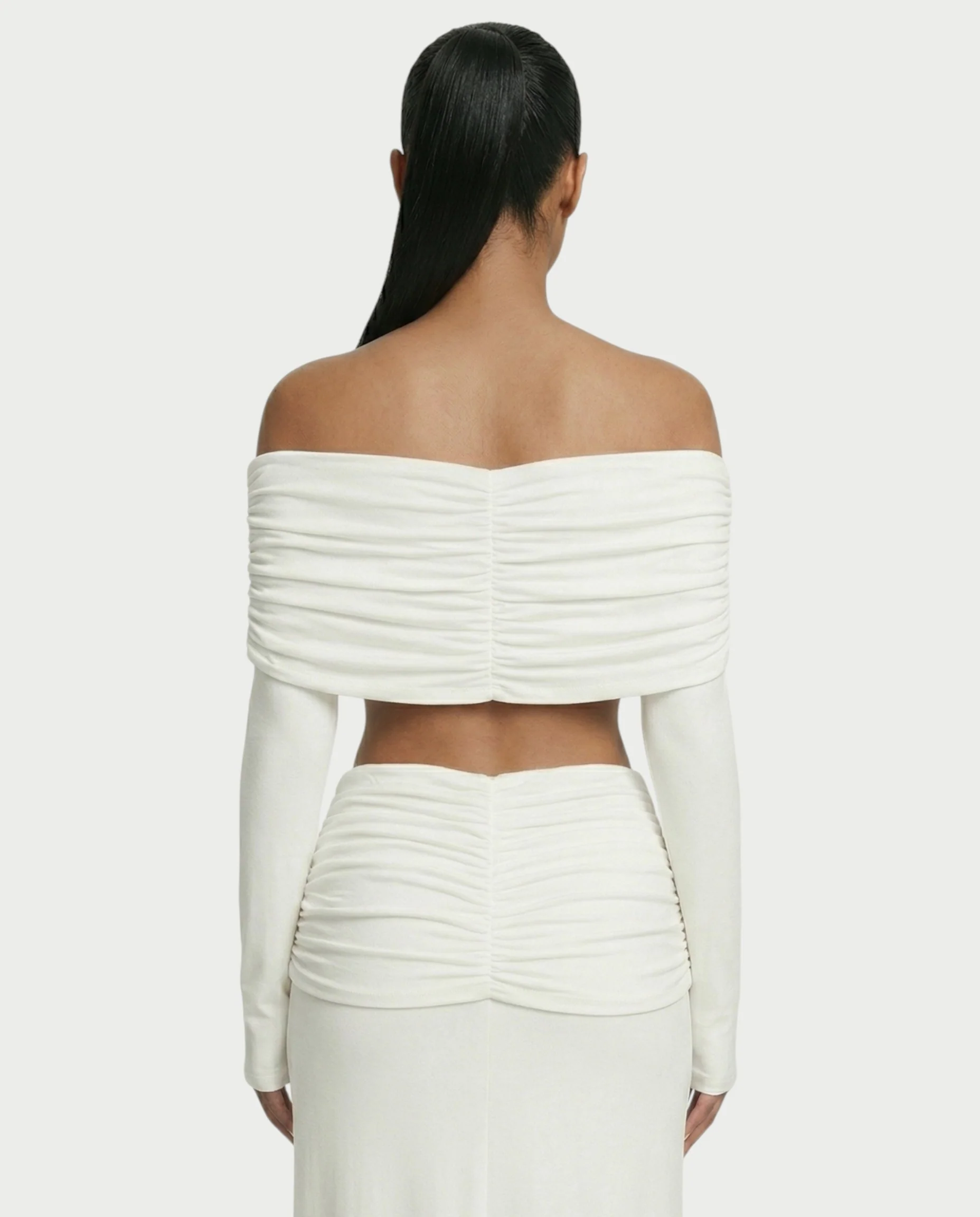 QUENA Off-Shoulder Ruched Crop Top & Maxi Skirt Set - Image 5