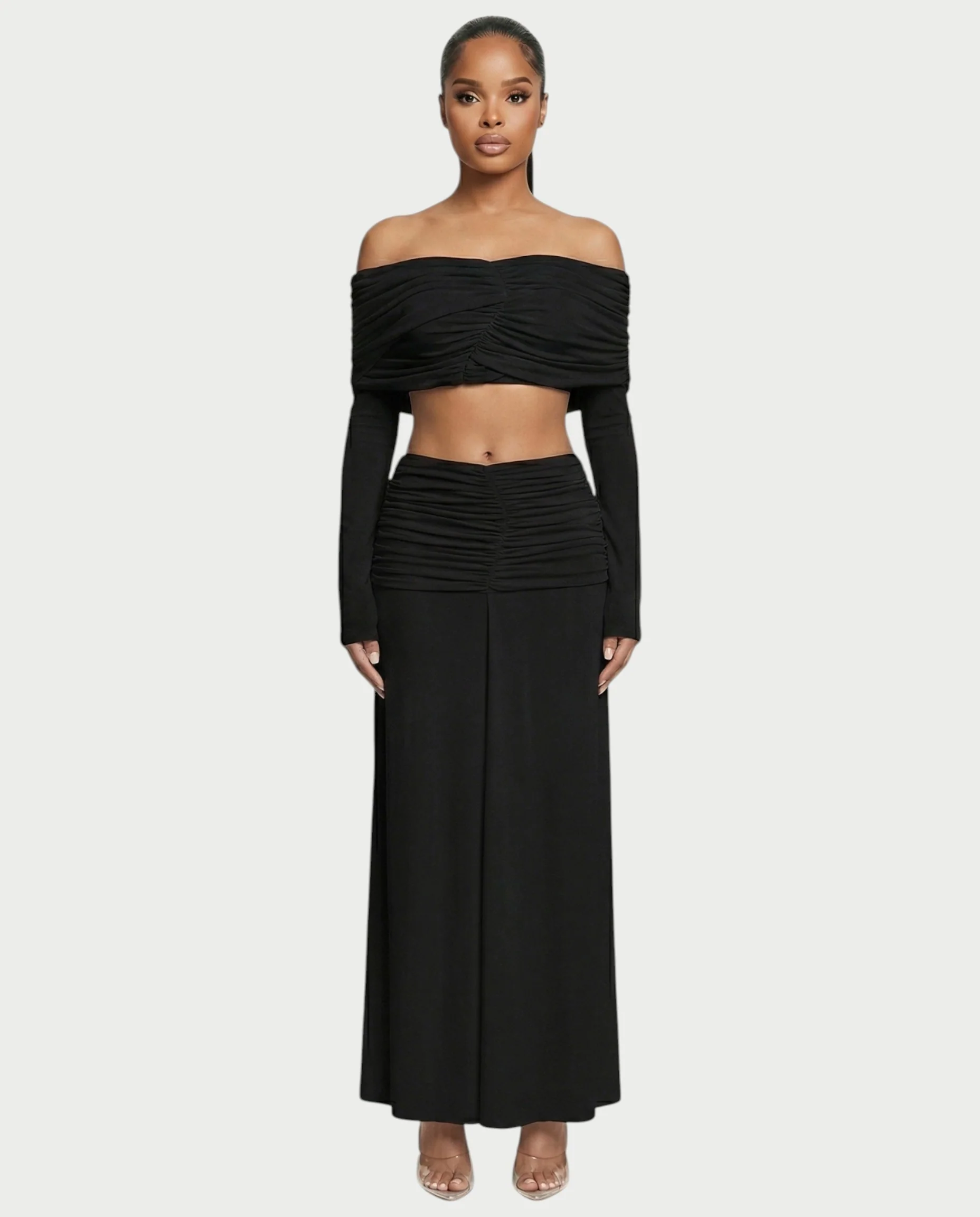 QUENA Off-Shoulder Ruched Crop Top & Maxi Skirt Set - Image 6