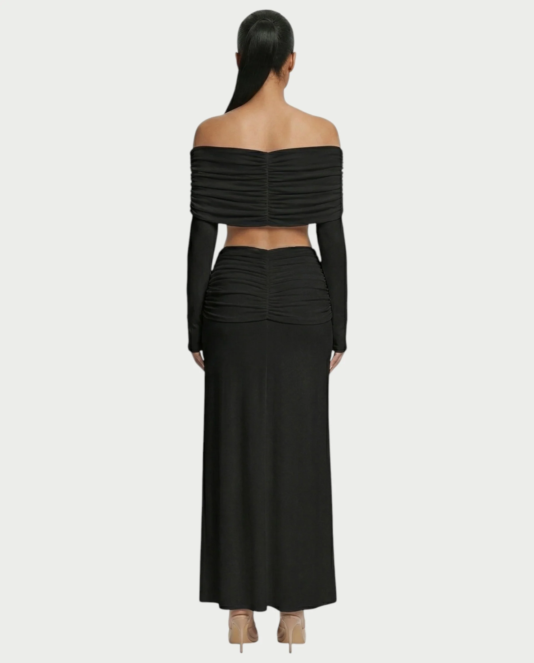 QUENA Off-Shoulder Ruched Crop Top & Maxi Skirt Set - Image 7