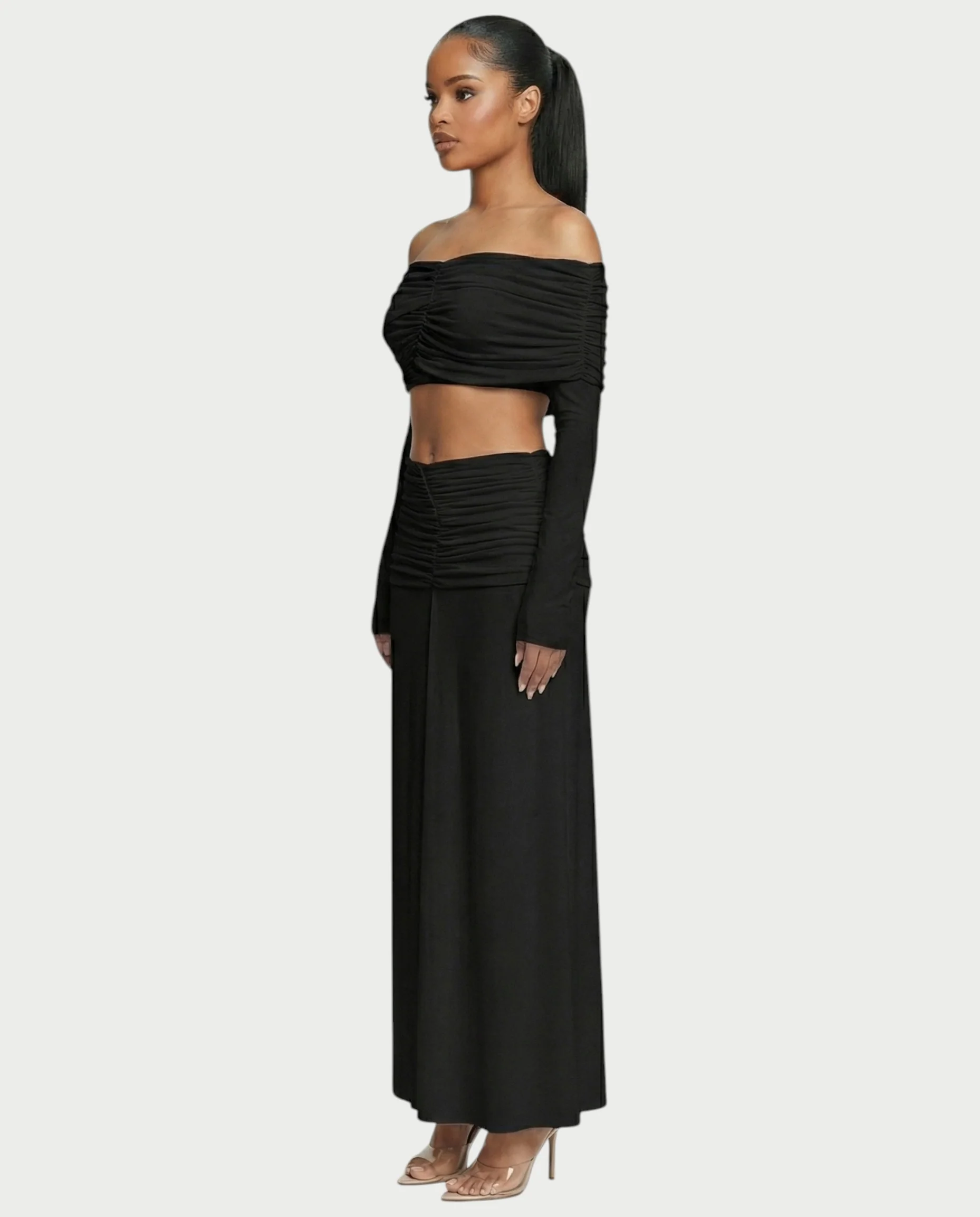 QUENA Off-Shoulder Ruched Crop Top & Maxi Skirt Set - Image 8