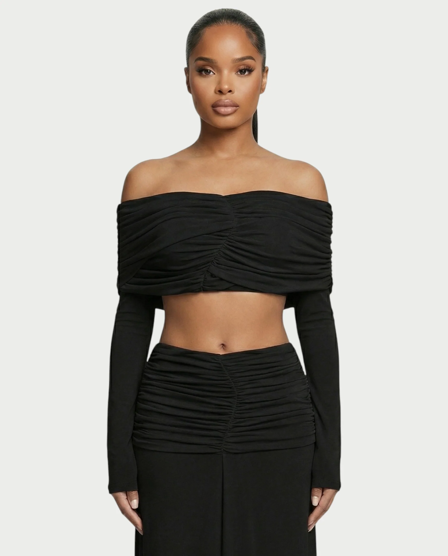QUENA Off-Shoulder Ruched Crop Top & Maxi Skirt Set - Image 9