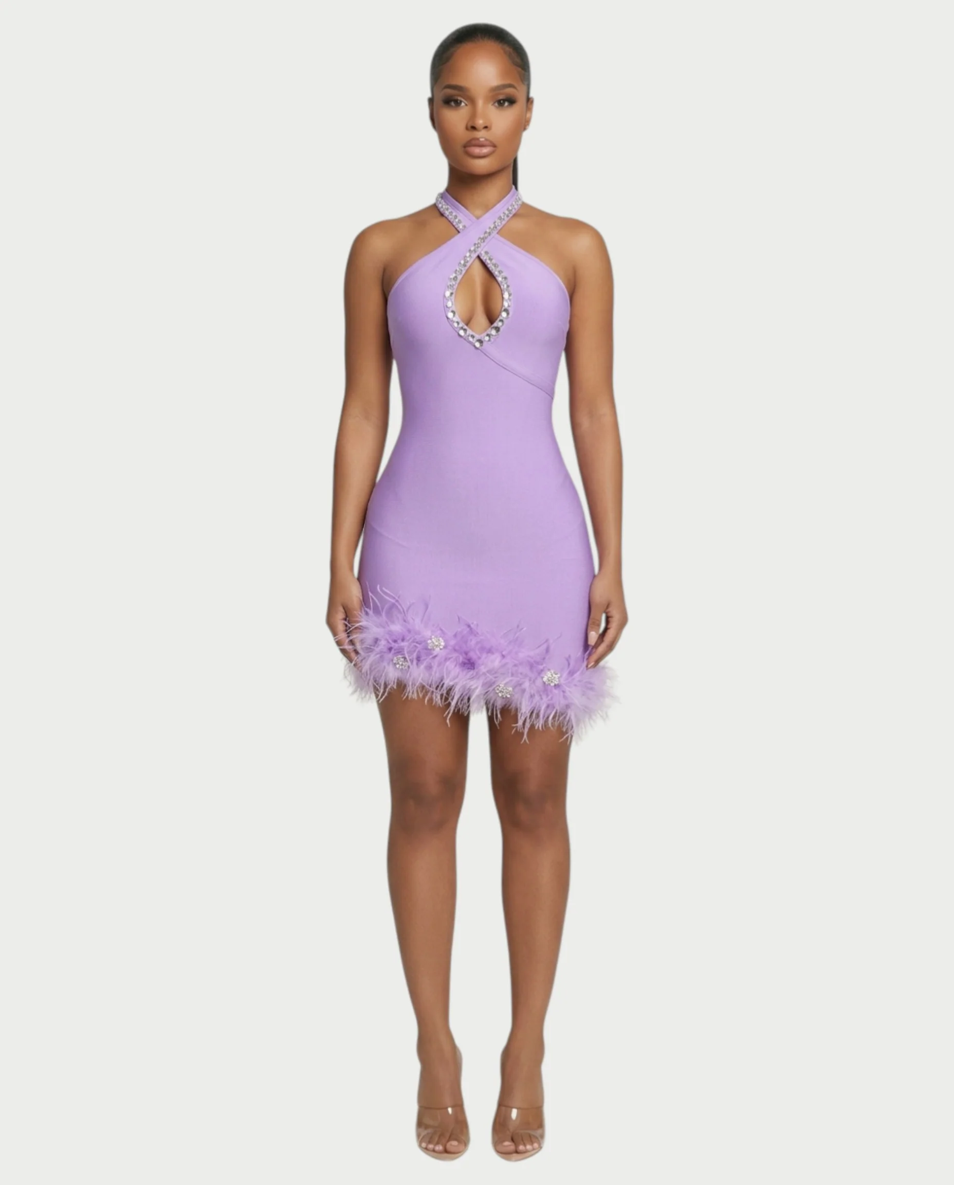 QUENCY Crystal Halter Feather Trim Mini Dress