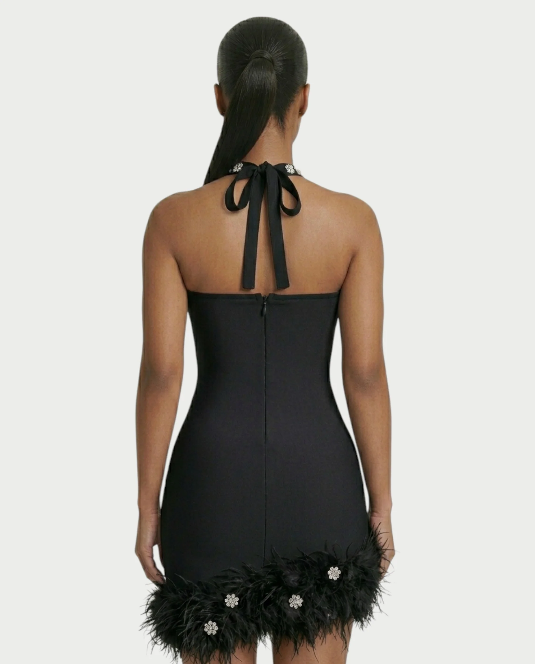 QUENCY Crystal Halter Feather Trim Mini Dress - Image 10
