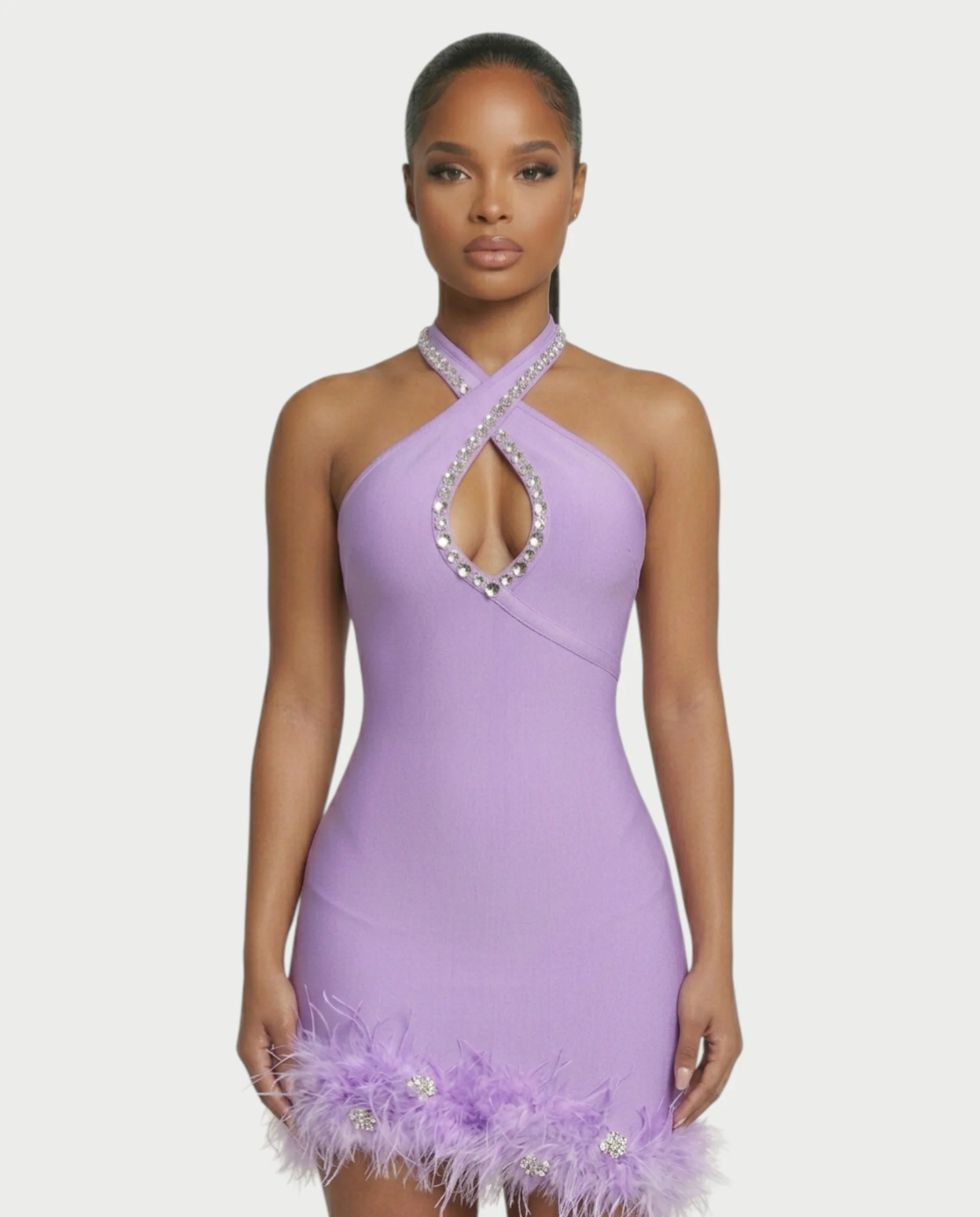 QUENCY Crystal Halter Feather Trim Mini Dress - Image 4