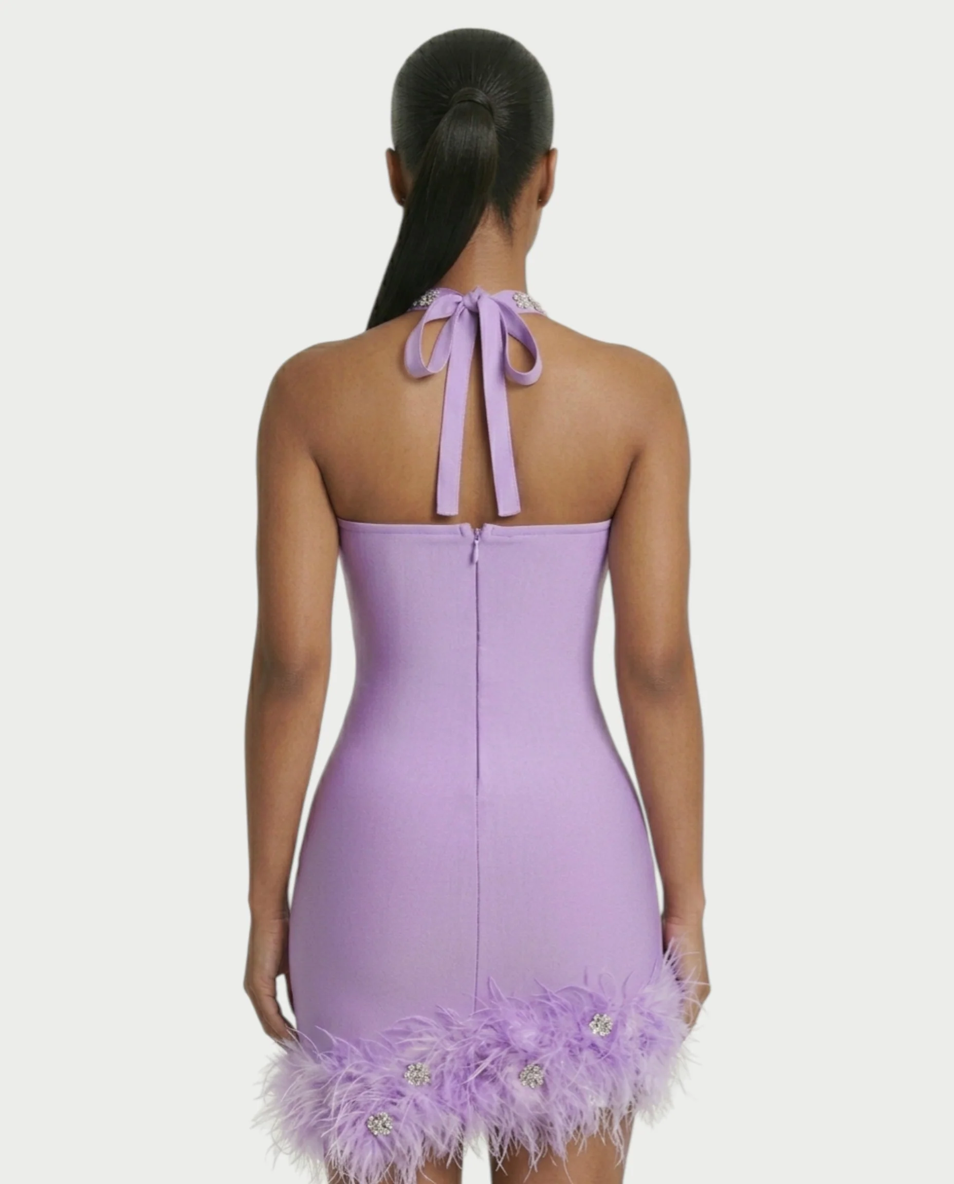 QUENCY Crystal Halter Feather Trim Mini Dress - Image 5