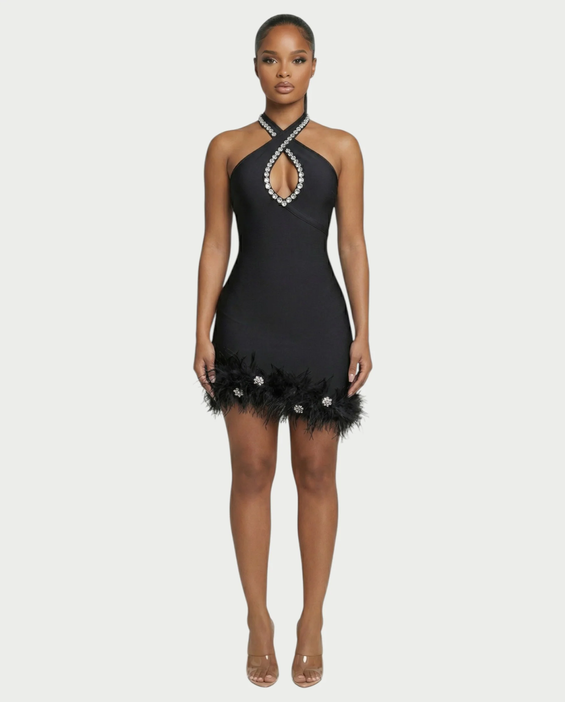 QUENCY Crystal Halter Feather Trim Mini Dress - Image 6