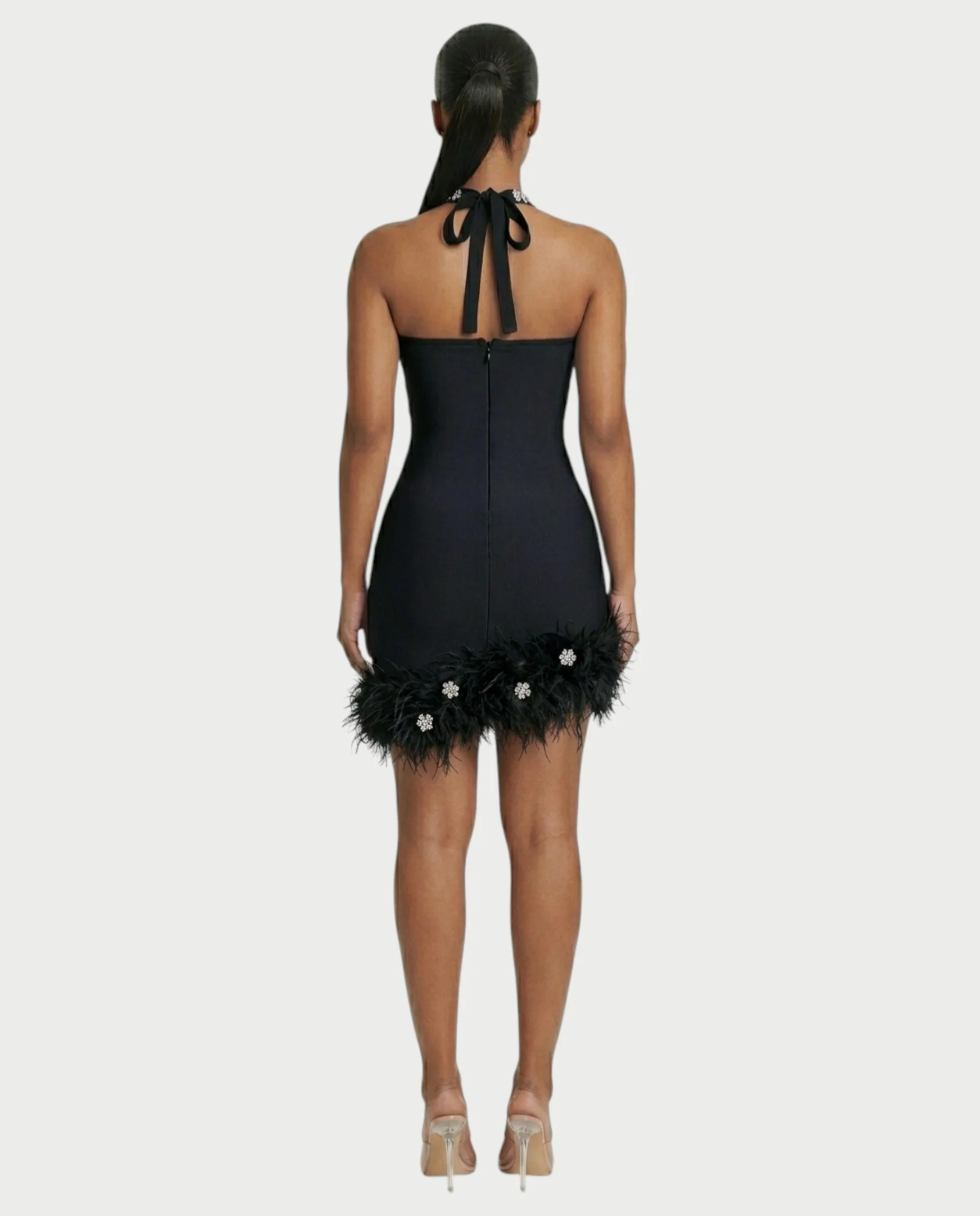 QUENCY Crystal Halter Feather Trim Mini Dress - Image 7