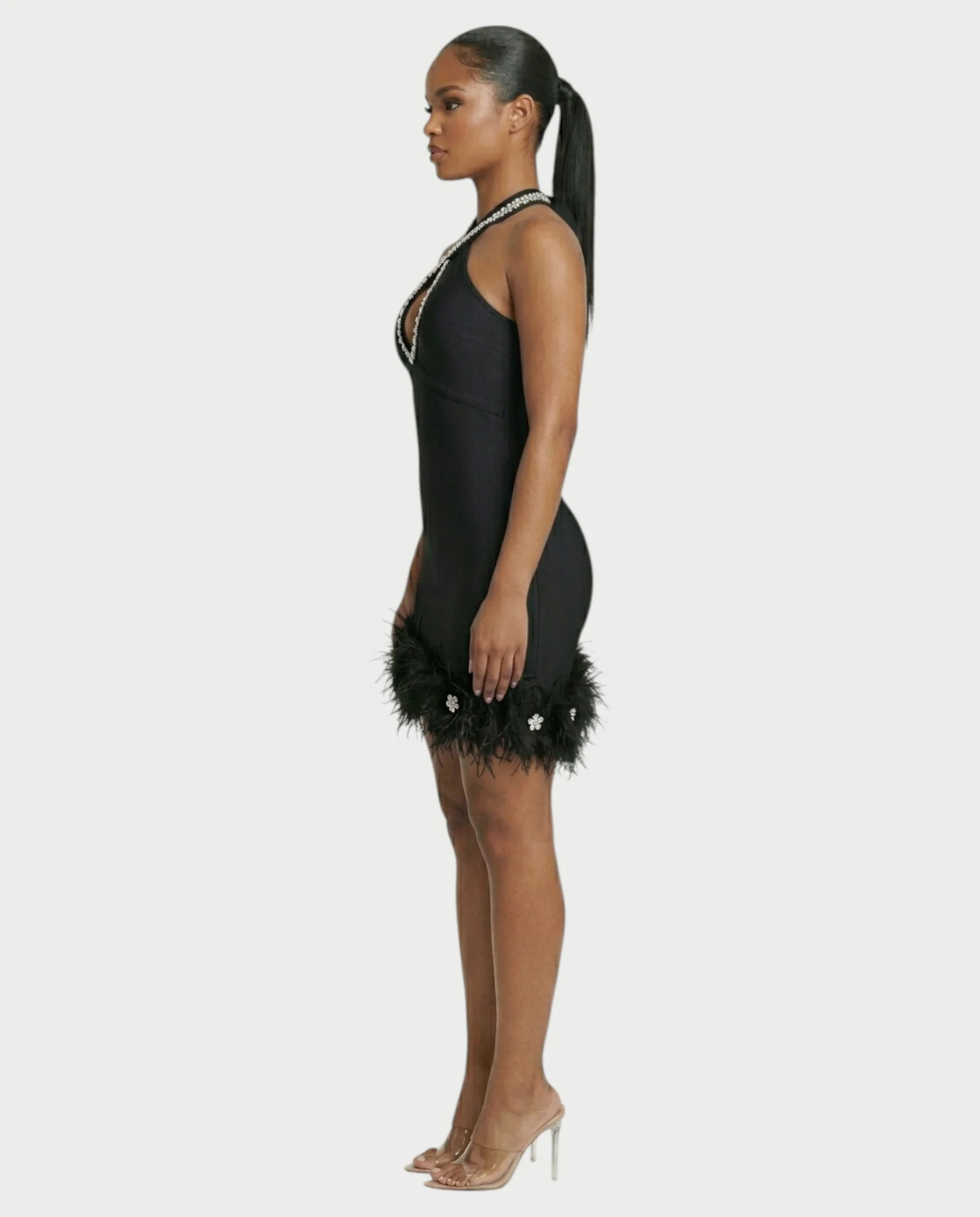 QUENCY Crystal Halter Feather Trim Mini Dress - Image 8
