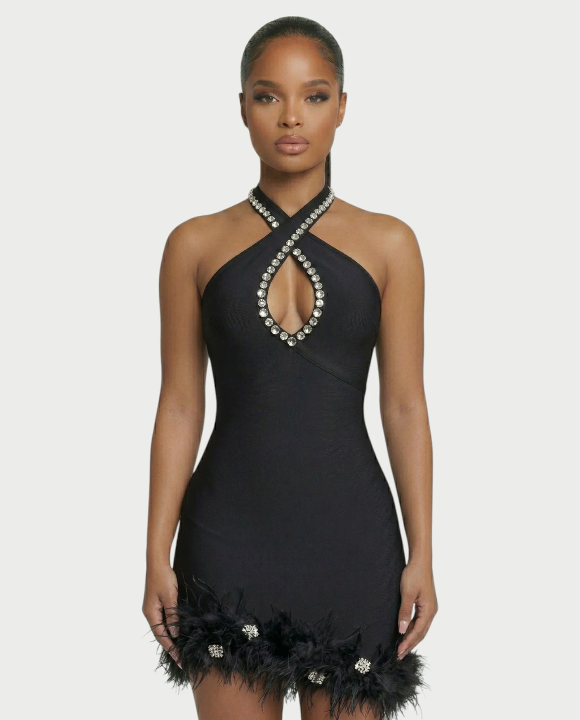 QUENCY Crystal Halter Feather Trim Mini Dress - Image 9