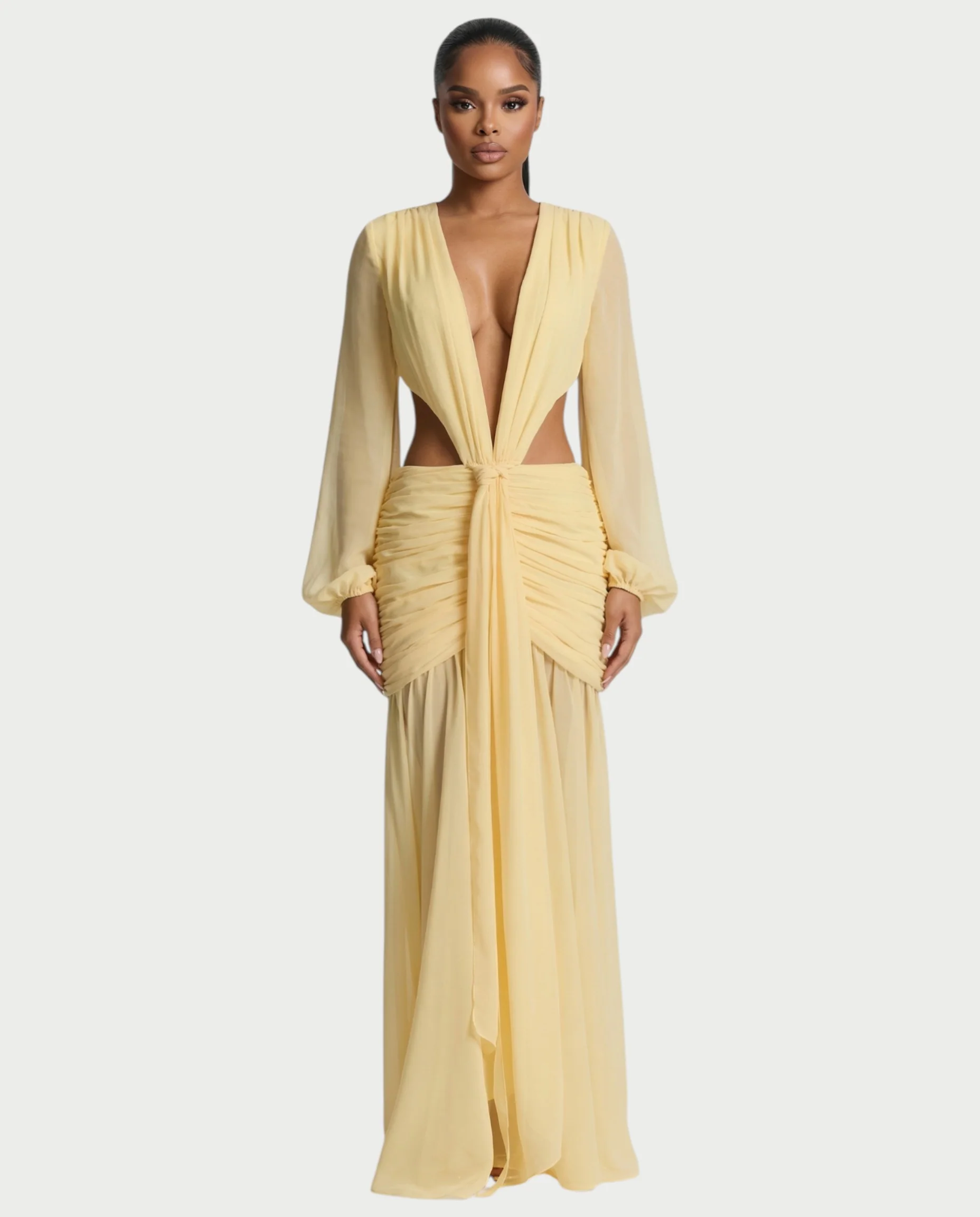 RAIZA Open Back Draped Chiffon Maxi Dress