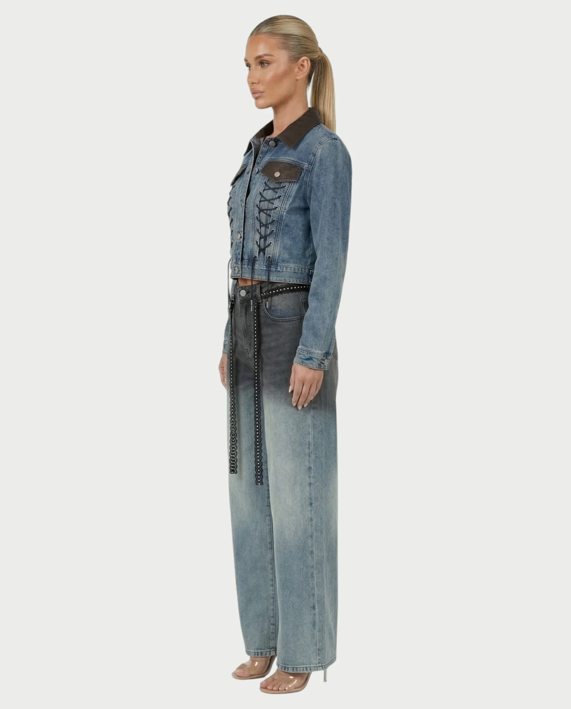 RANIA Lace-Up Denim Jacket & Wide-Leg Pants Set - Image 3