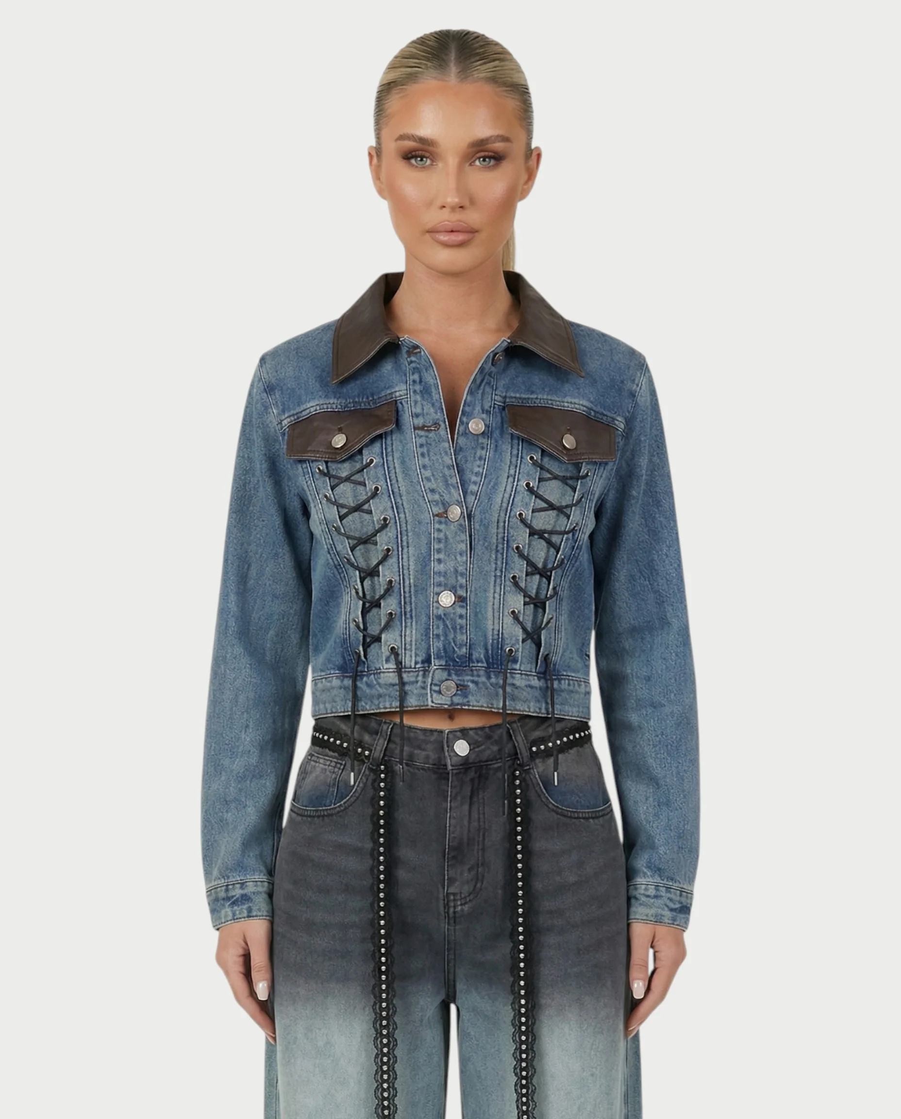 RANIA Lace-Up Denim Jacket & Wide-Leg Pants Set - Image 4