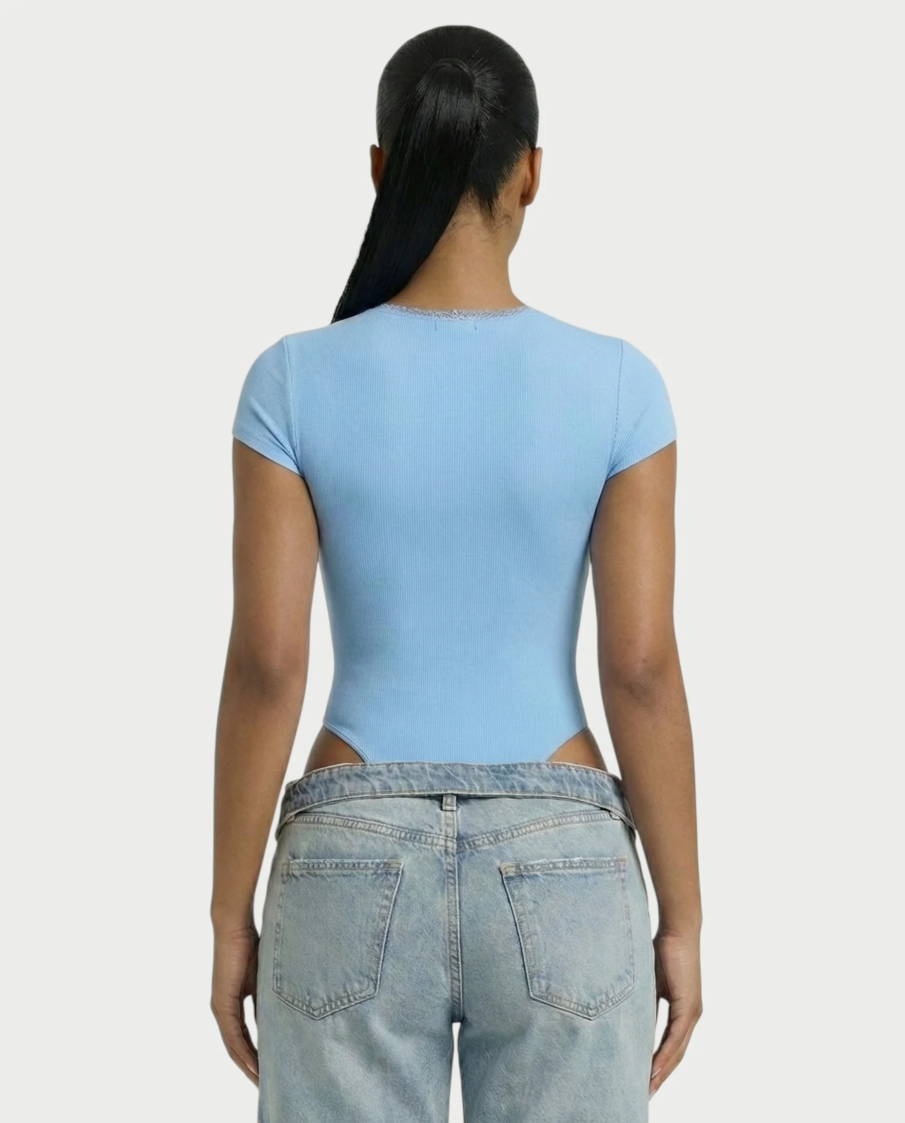 Ribbed Lace-Trim Square Neck Bodysuit - Image 17
