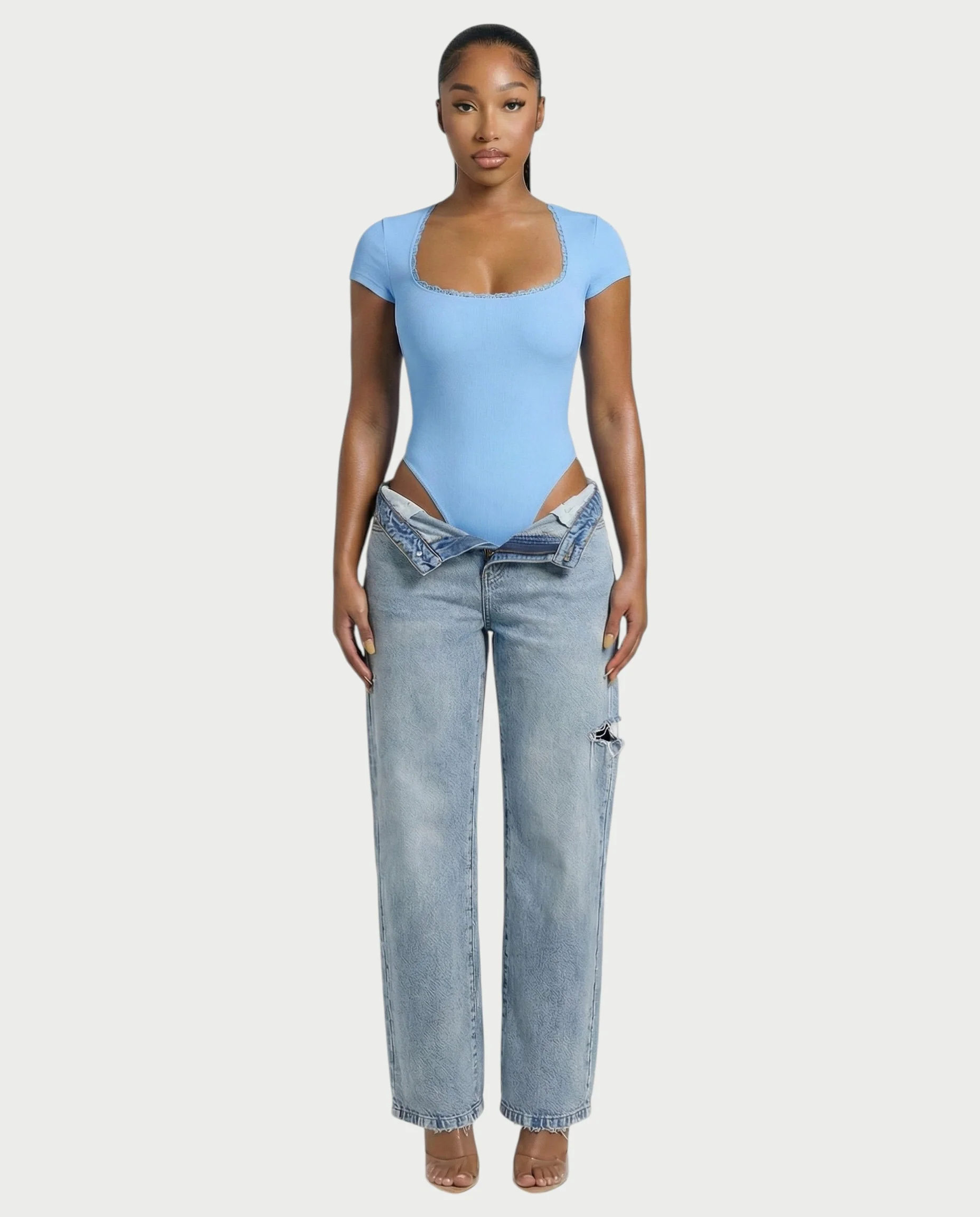 Ribbed Lace-Trim Square Neck Bodysuit - Image 19