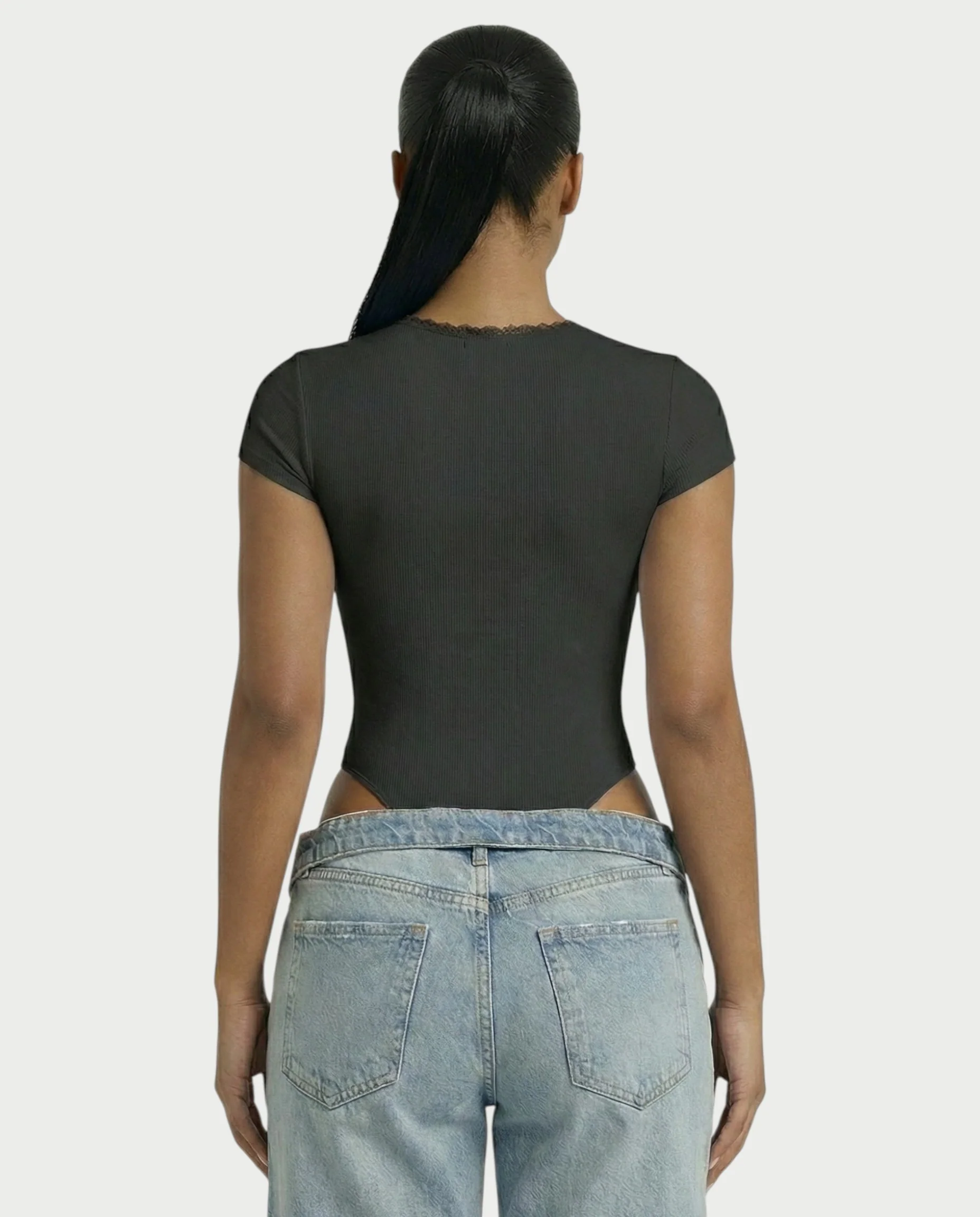 Ribbed Lace-Trim Square Neck Bodysuit - Image 7