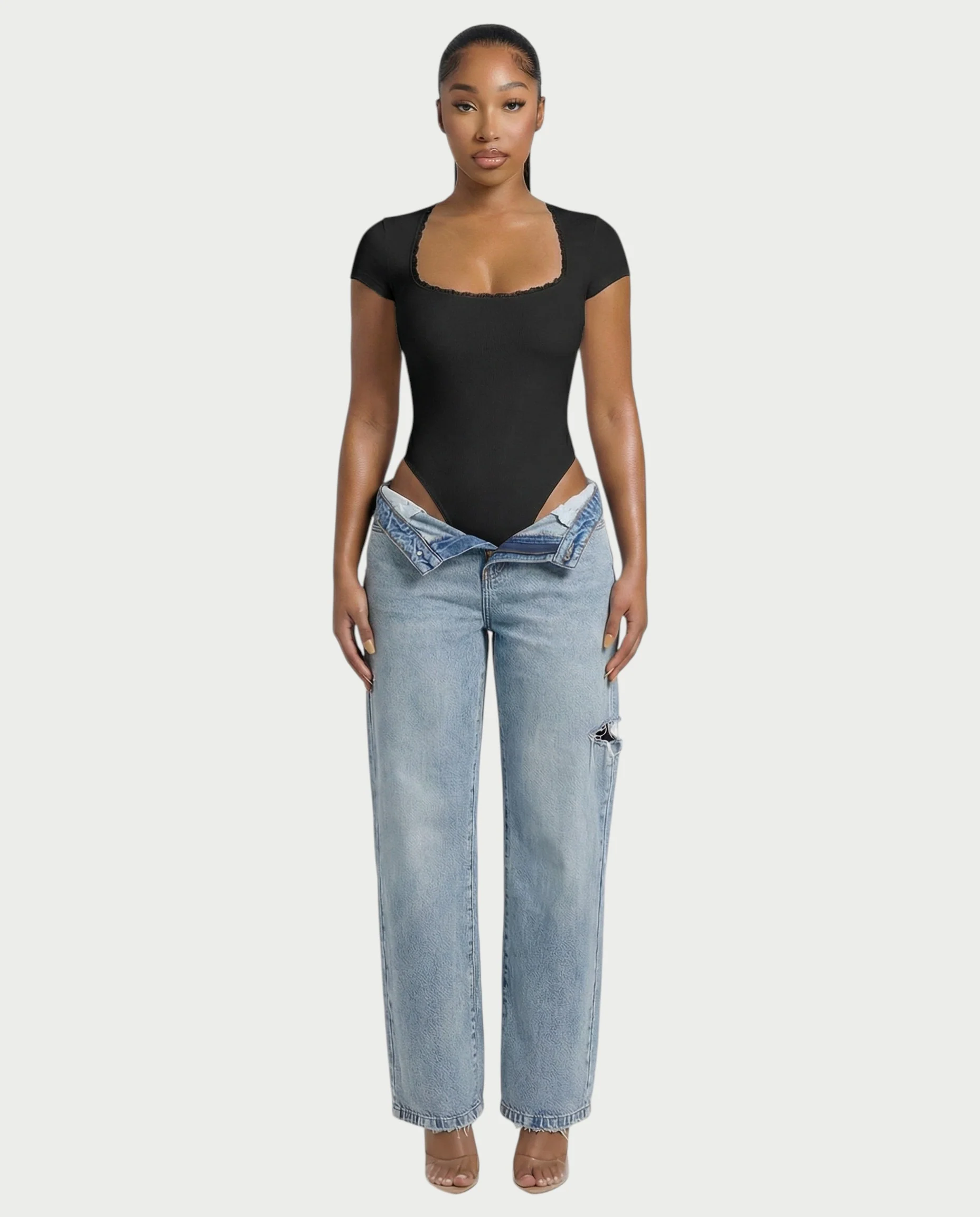 Ribbed Lace-Trim Square Neck Bodysuit - Image 9