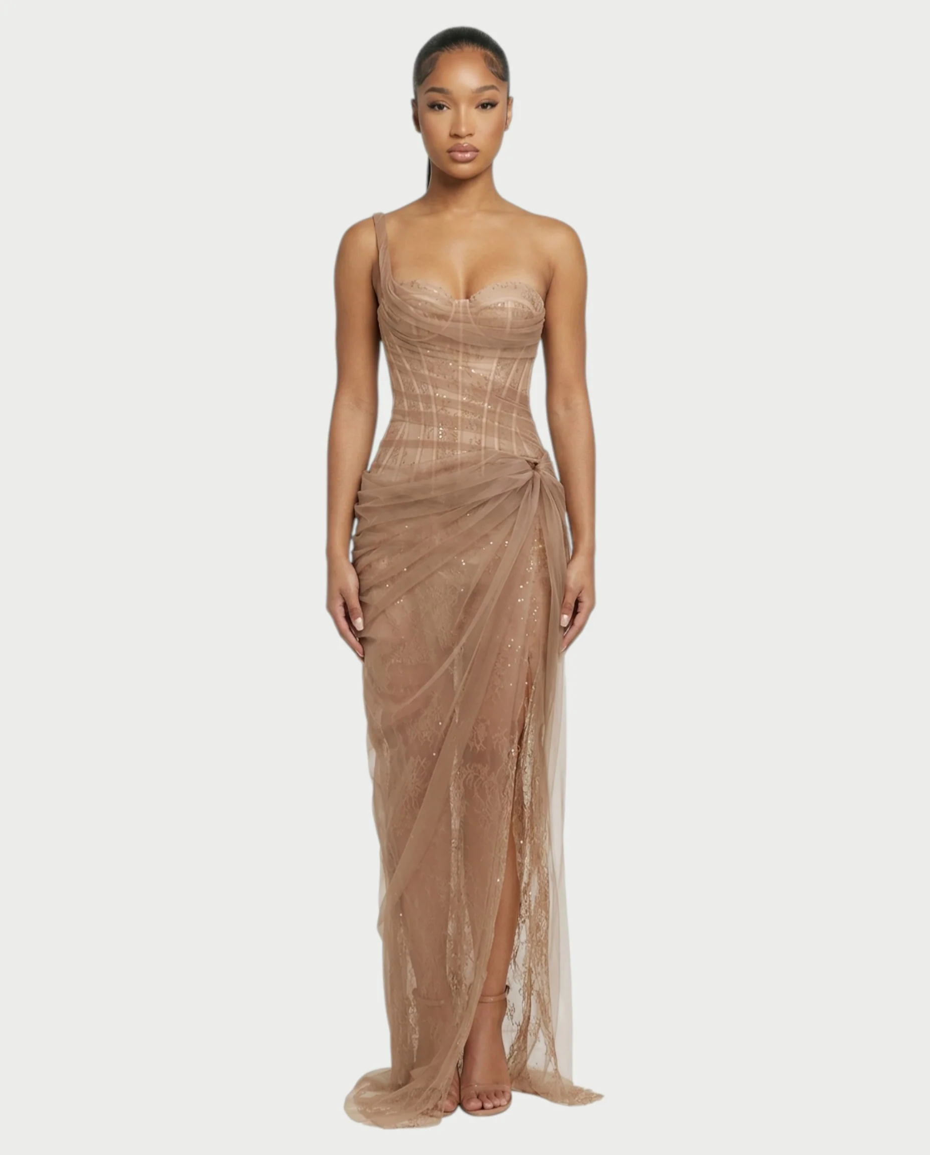 RINA One-Shoulder Lace Corset Maxi Dress