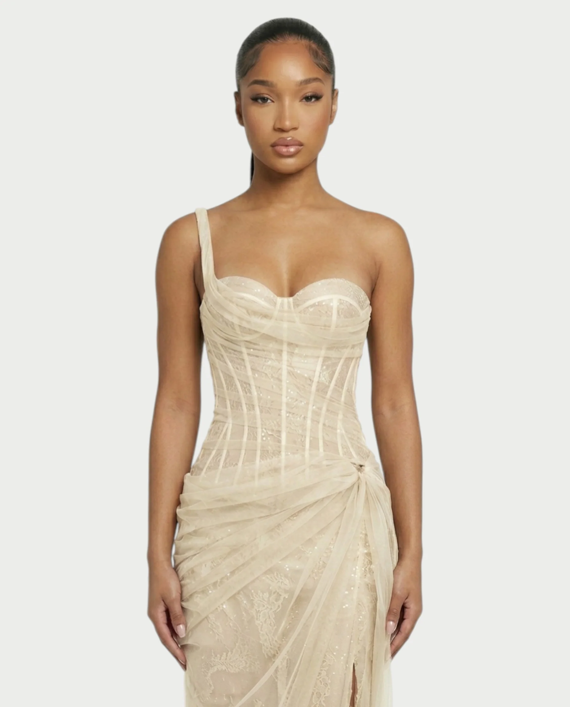 RINA One-Shoulder Lace Corset Maxi Dress - Image 9