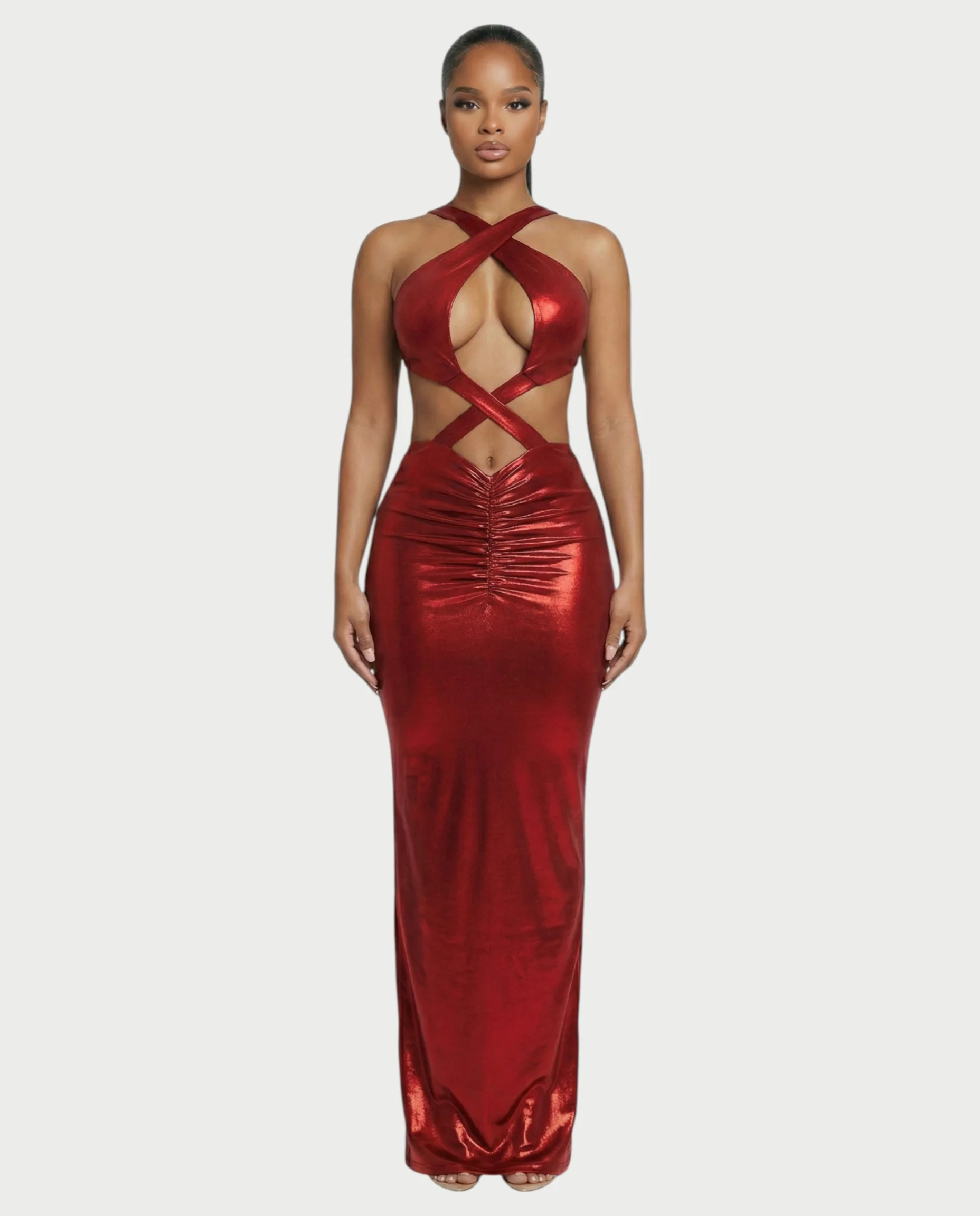 RINEYA Metallic Cutout Halter Neck Maxi Dress