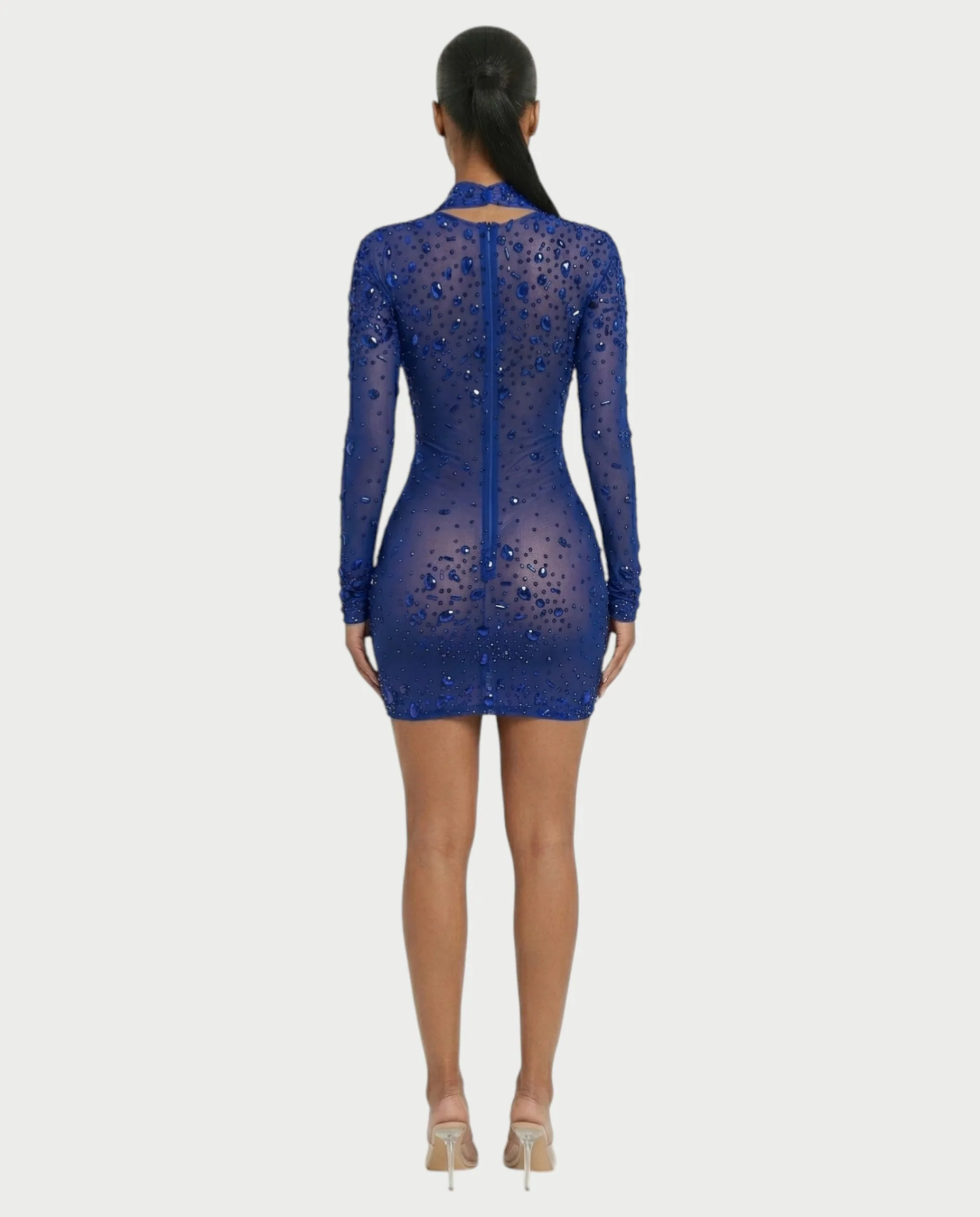 ROLANE Sheer Mesh Rhinestone Embellished Bodycon Mini Dress - Image 17