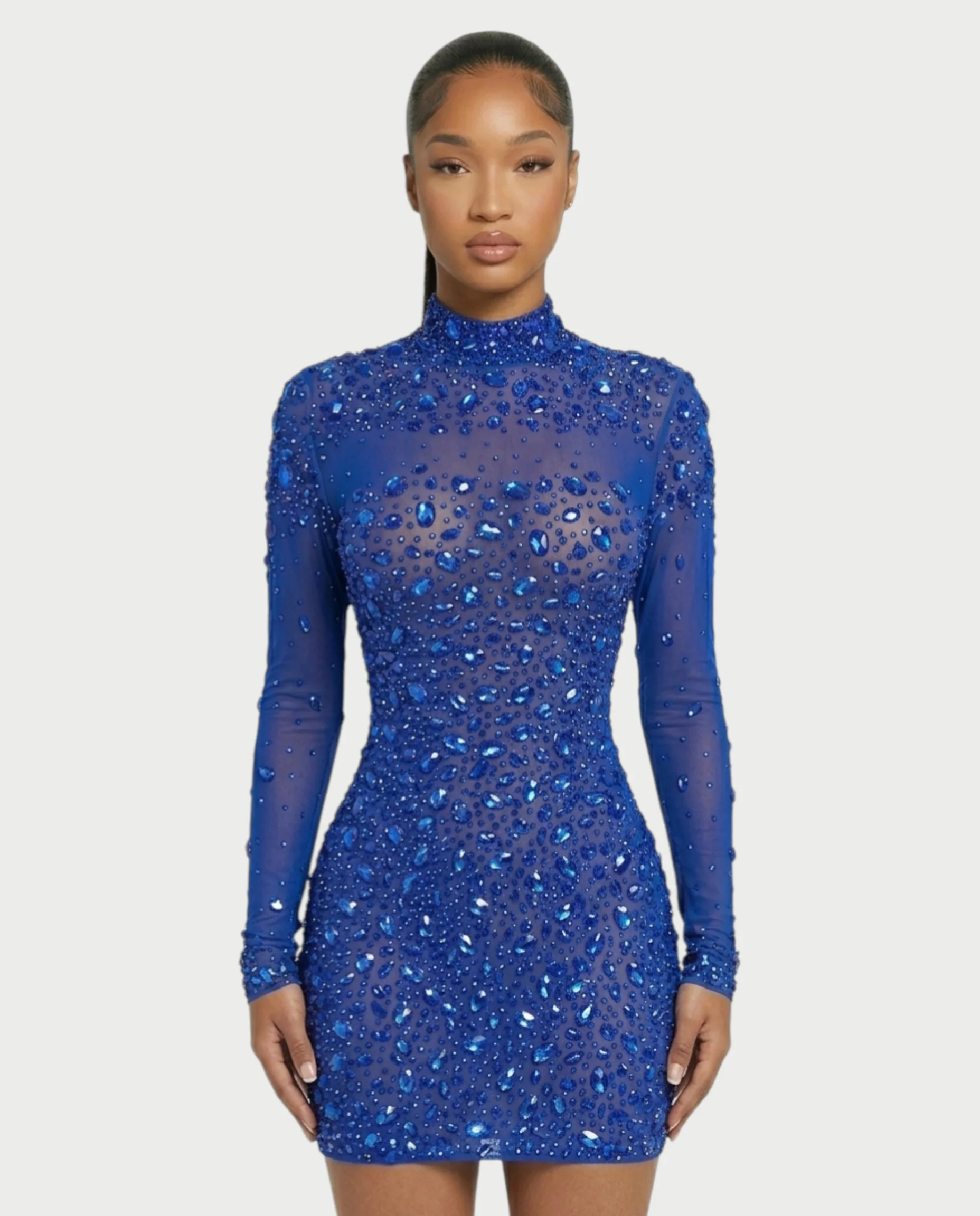 ROLANE Sheer Mesh Rhinestone Embellished Bodycon Mini Dress - Image 19
