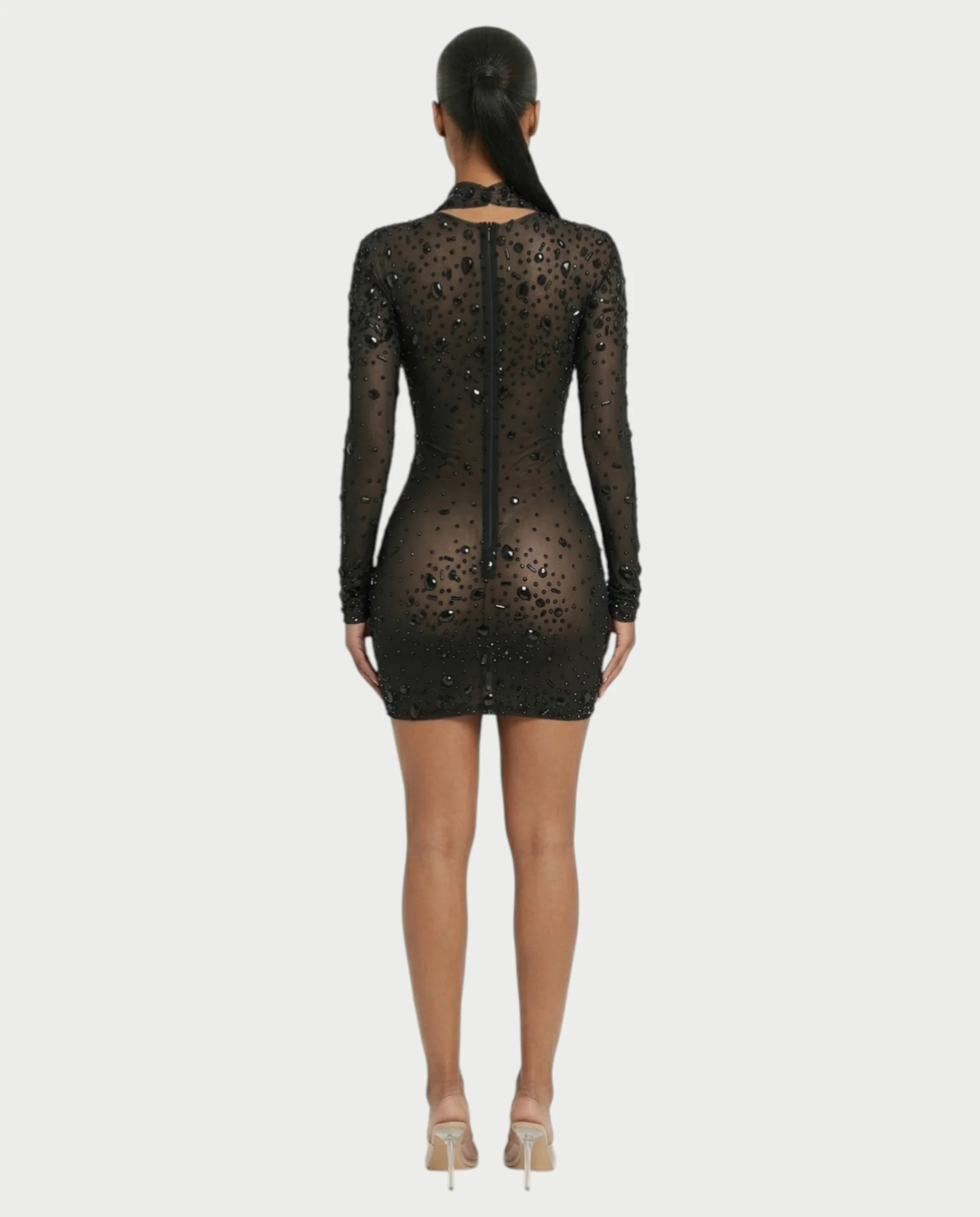 ROLANE Sheer Mesh Rhinestone Embellished Bodycon Mini Dress - Image 2