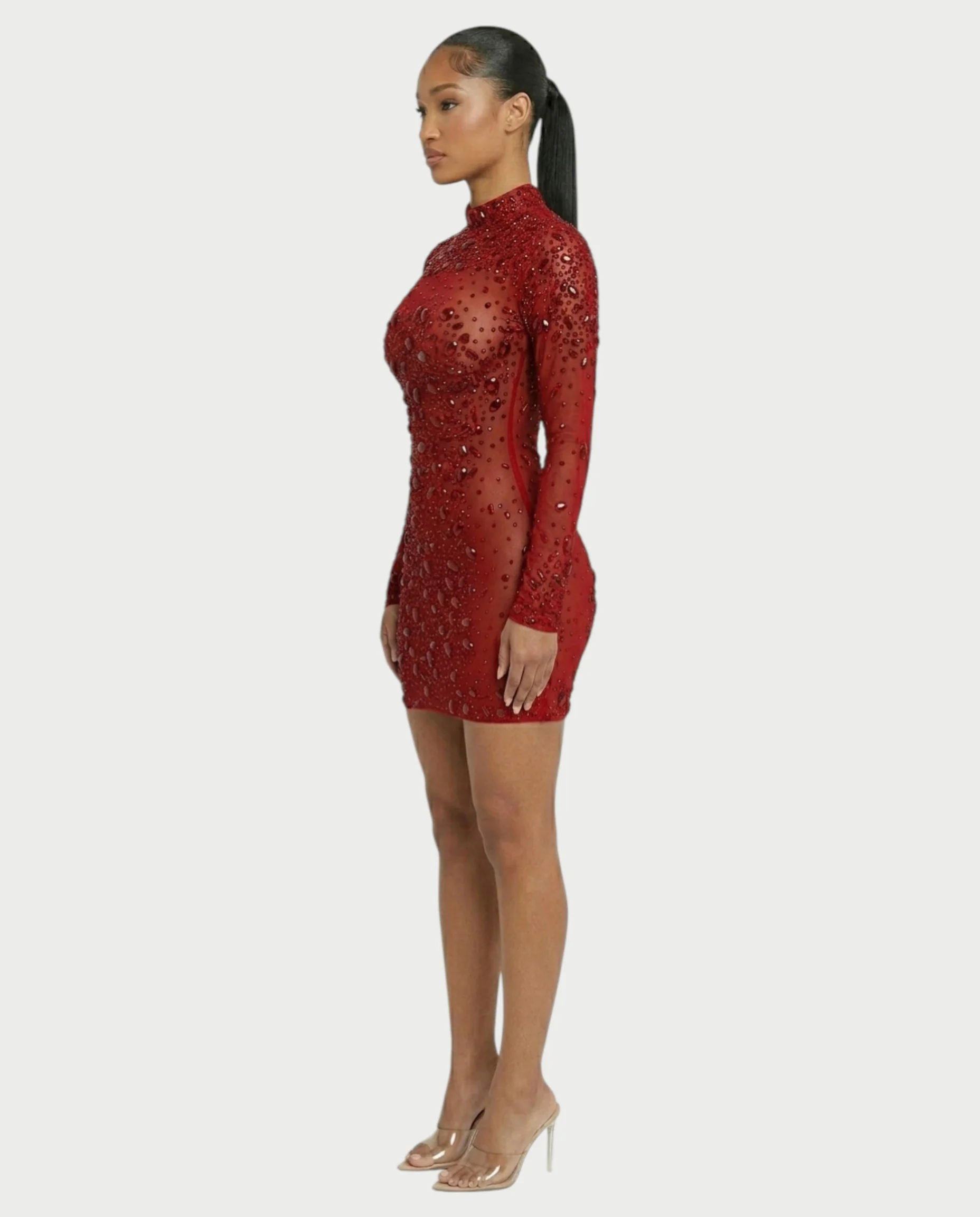 ROLANE Sheer Mesh Rhinestone Embellished Bodycon Mini Dress - Image 23