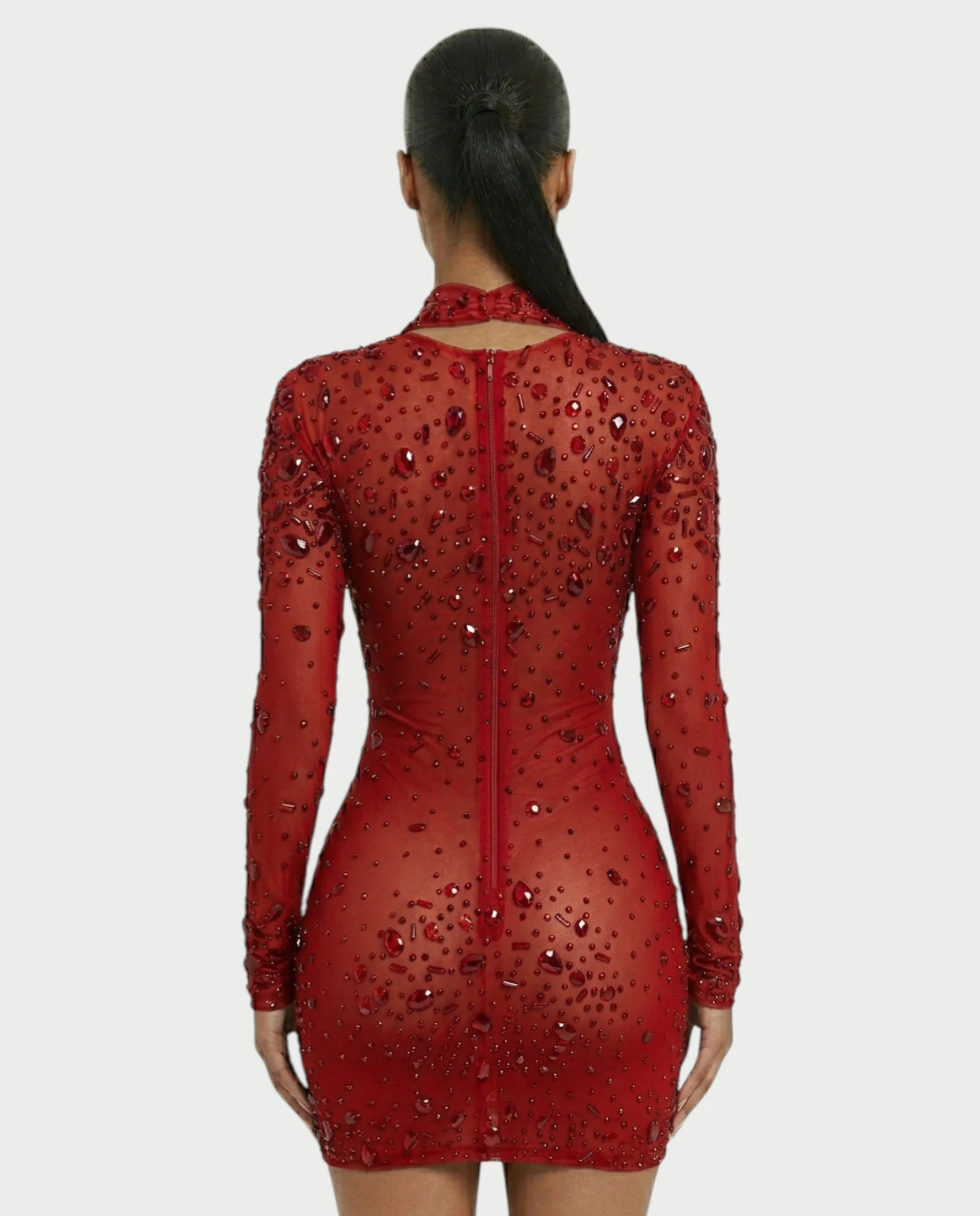 ROLANE Sheer Mesh Rhinestone Embellished Bodycon Mini Dress - Image 25