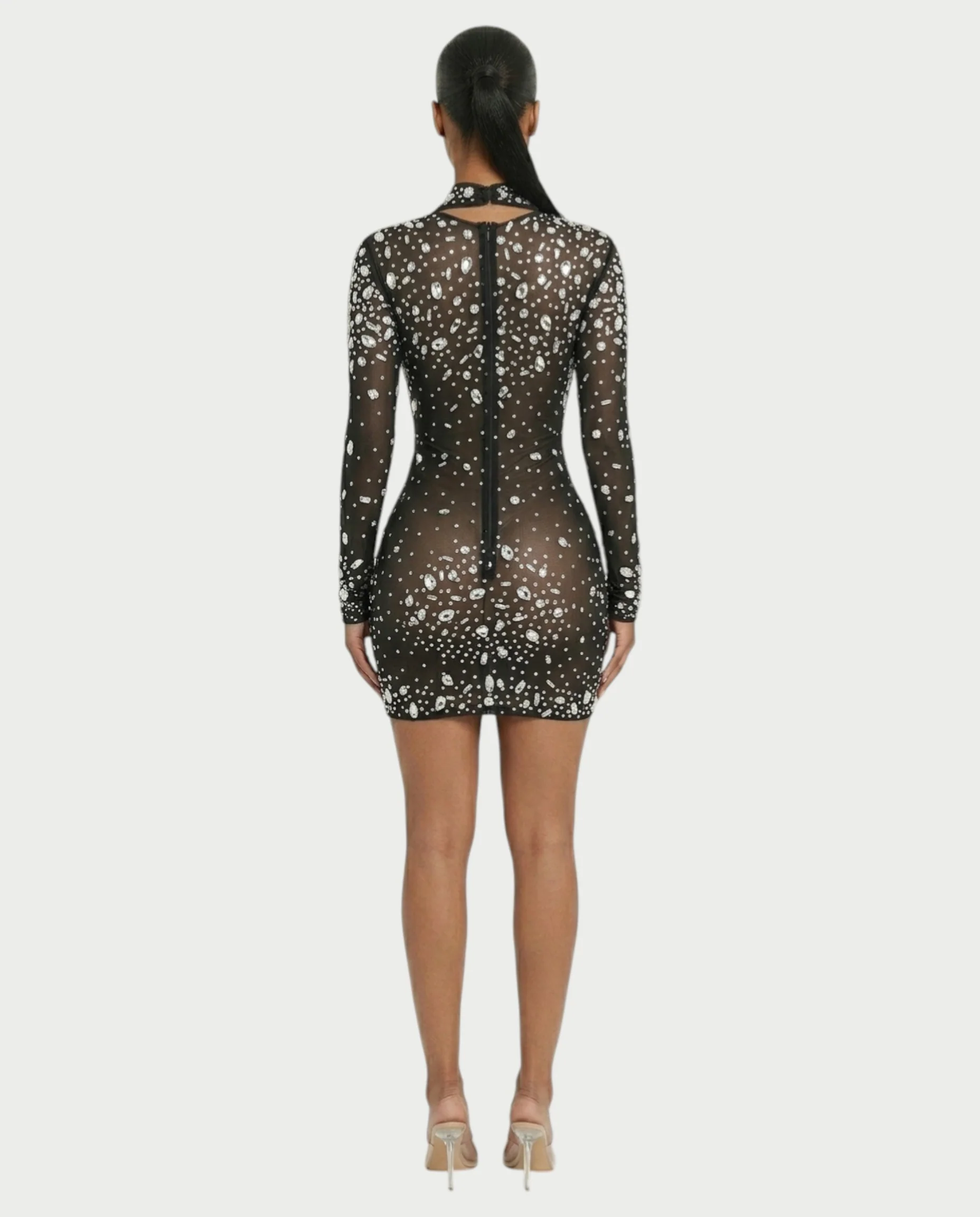 ROLANE Sheer Mesh Rhinestone Embellished Bodycon Mini Dress - Image 7