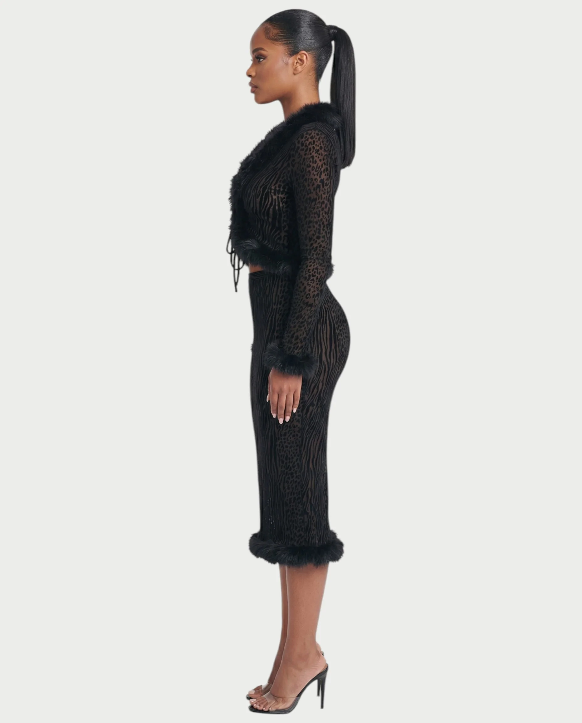 ROMENA Fuax-fur Trim Leopard Top & Midi Skirt Set - Image 3