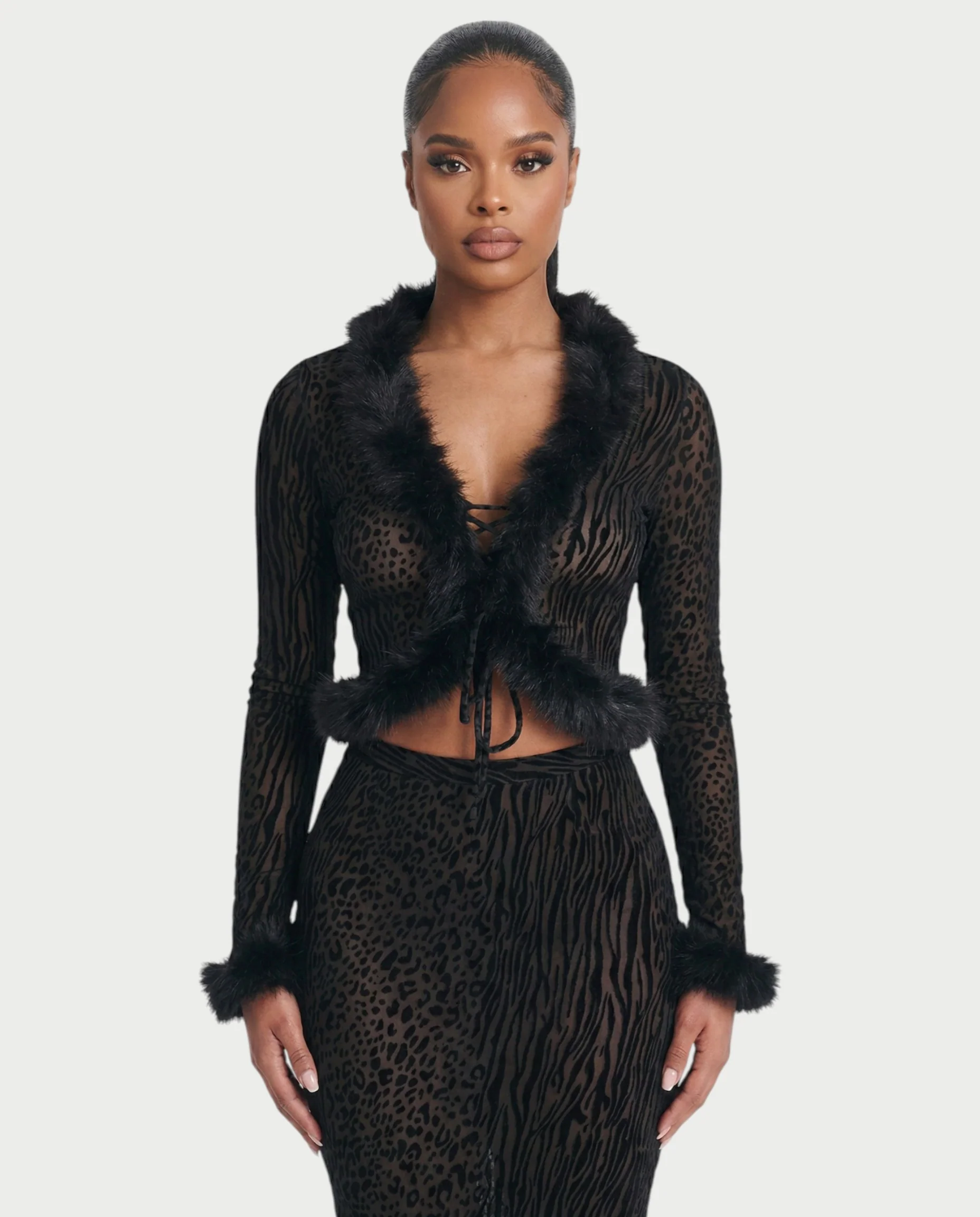 ROMENA Fuax-fur Trim Leopard Top & Midi Skirt Set - Image 4