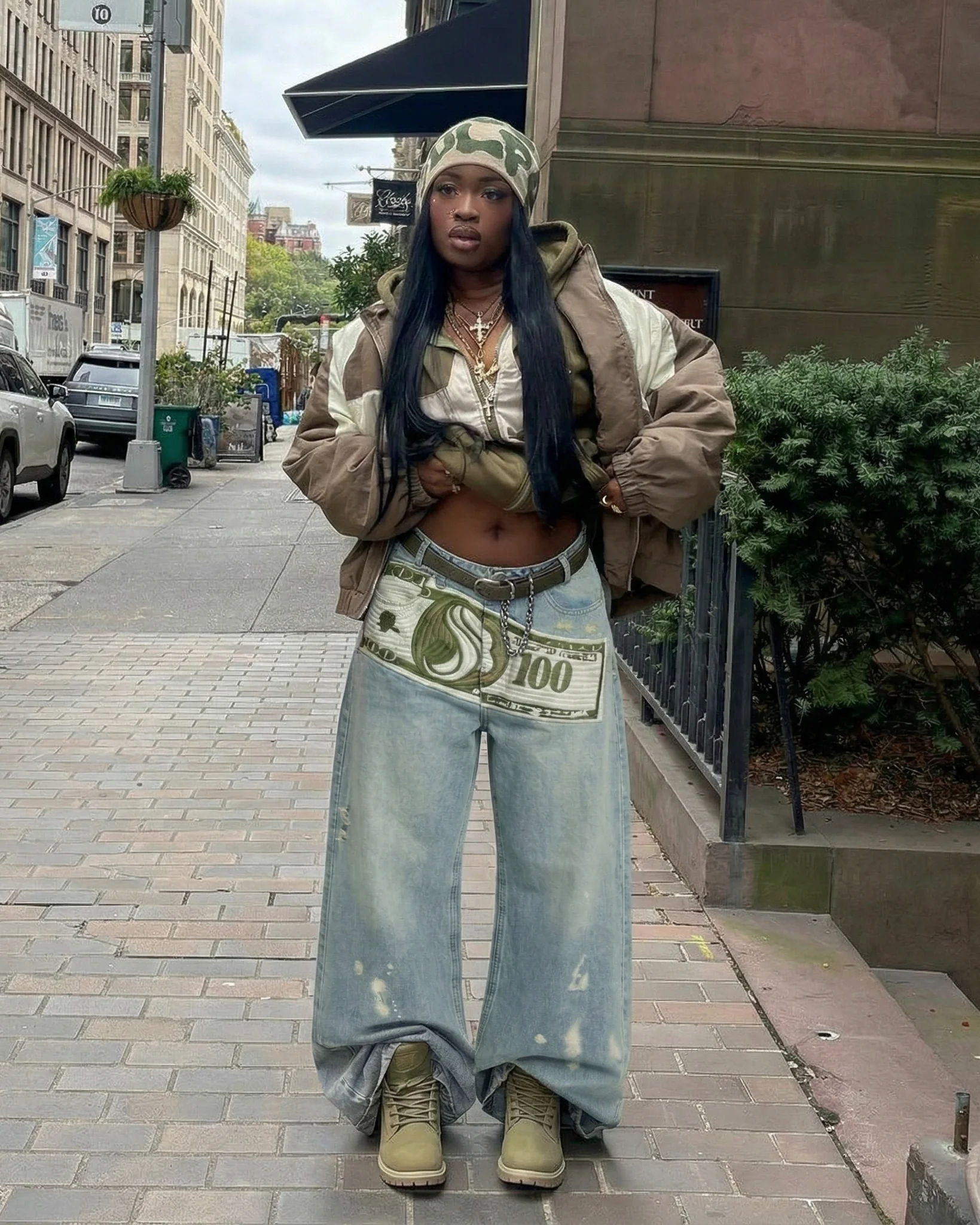 RONEYA Money Print Washed Denim Wide-Leg Pants