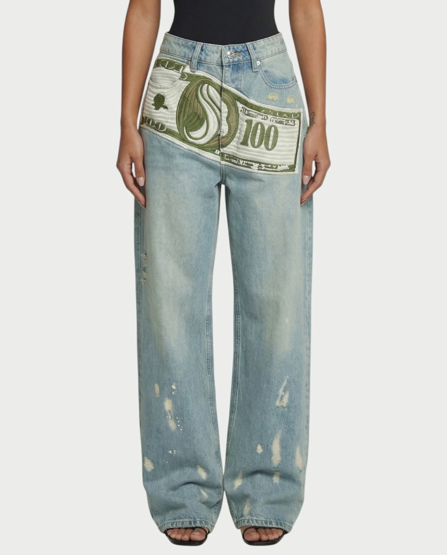 RONEYA Money Print Washed Denim Wide-Leg Pants - Image 2