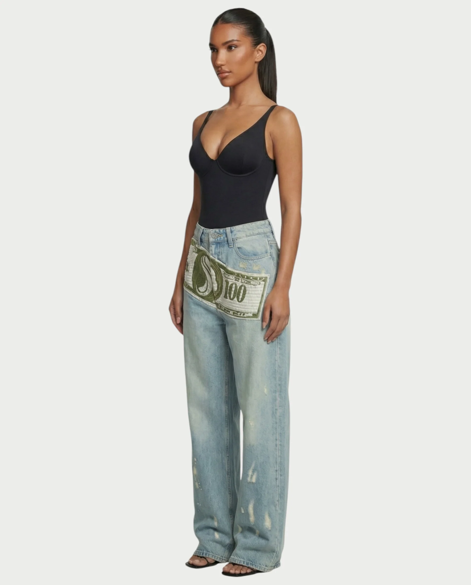 RONEYA Money Print Washed Denim Wide-Leg Pants - Image 4