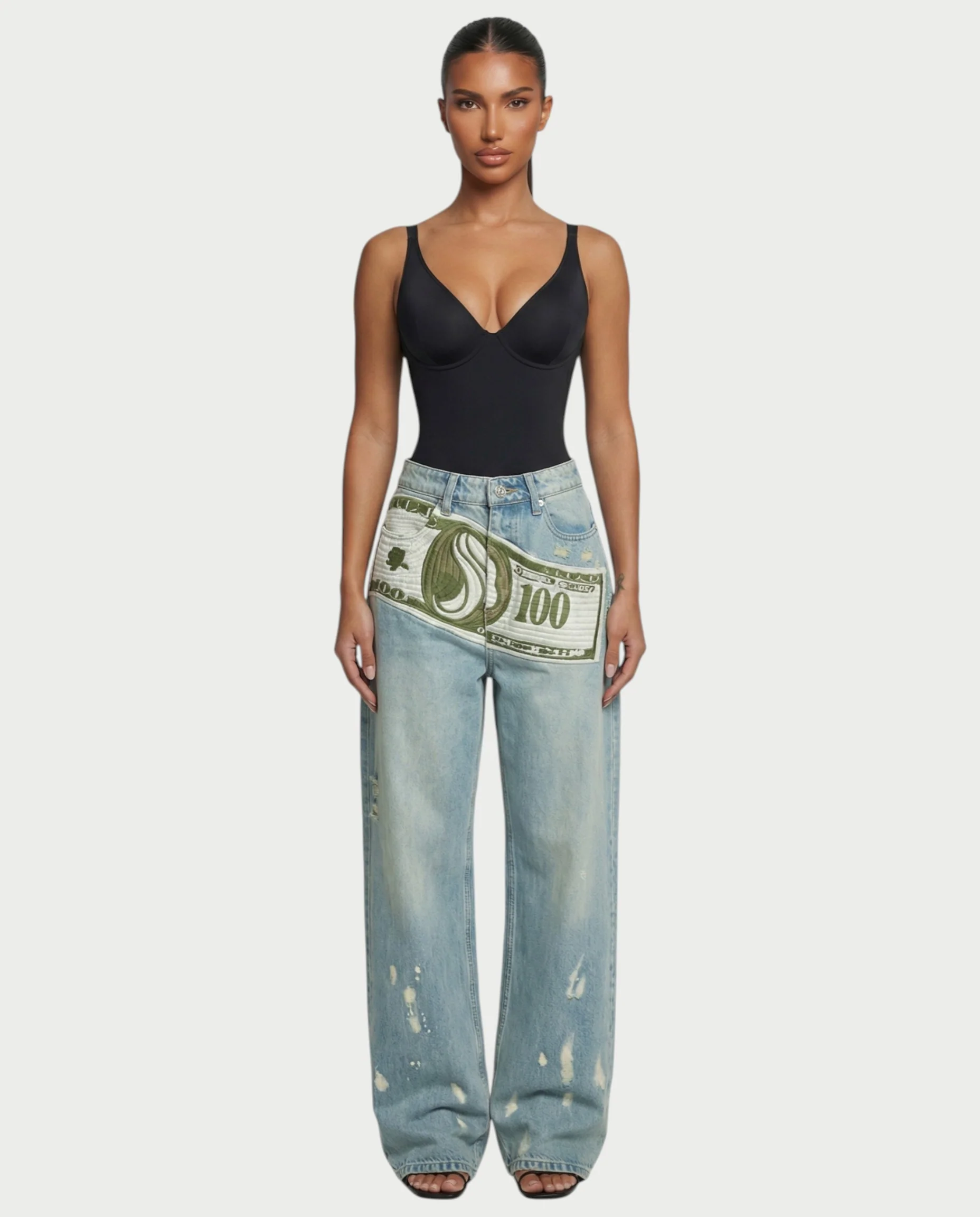 RONEYA Money Print Washed Denim Wide-Leg Pants - Image 5