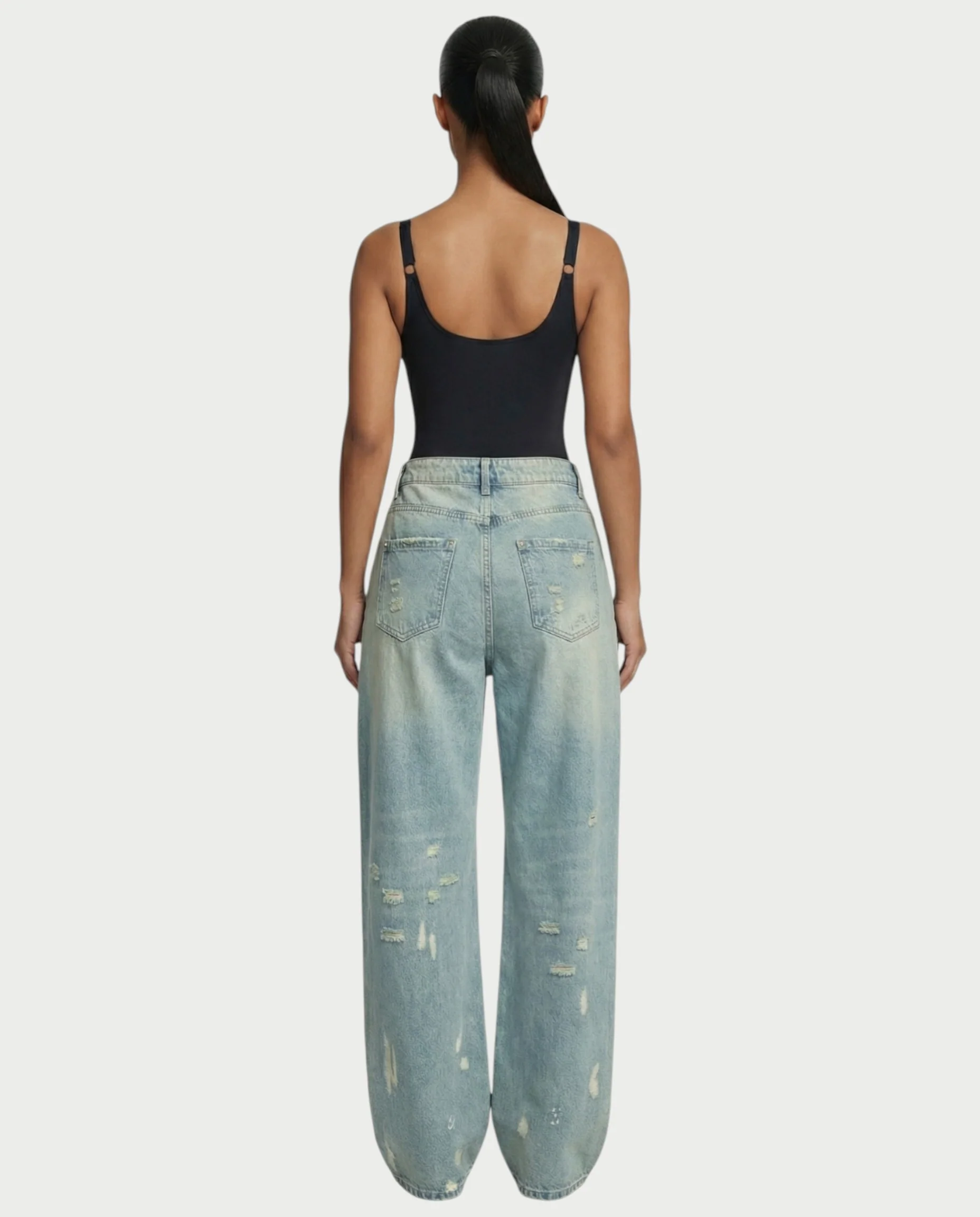 RONEYA Money Print Washed Denim Wide-Leg Pants - Image 6