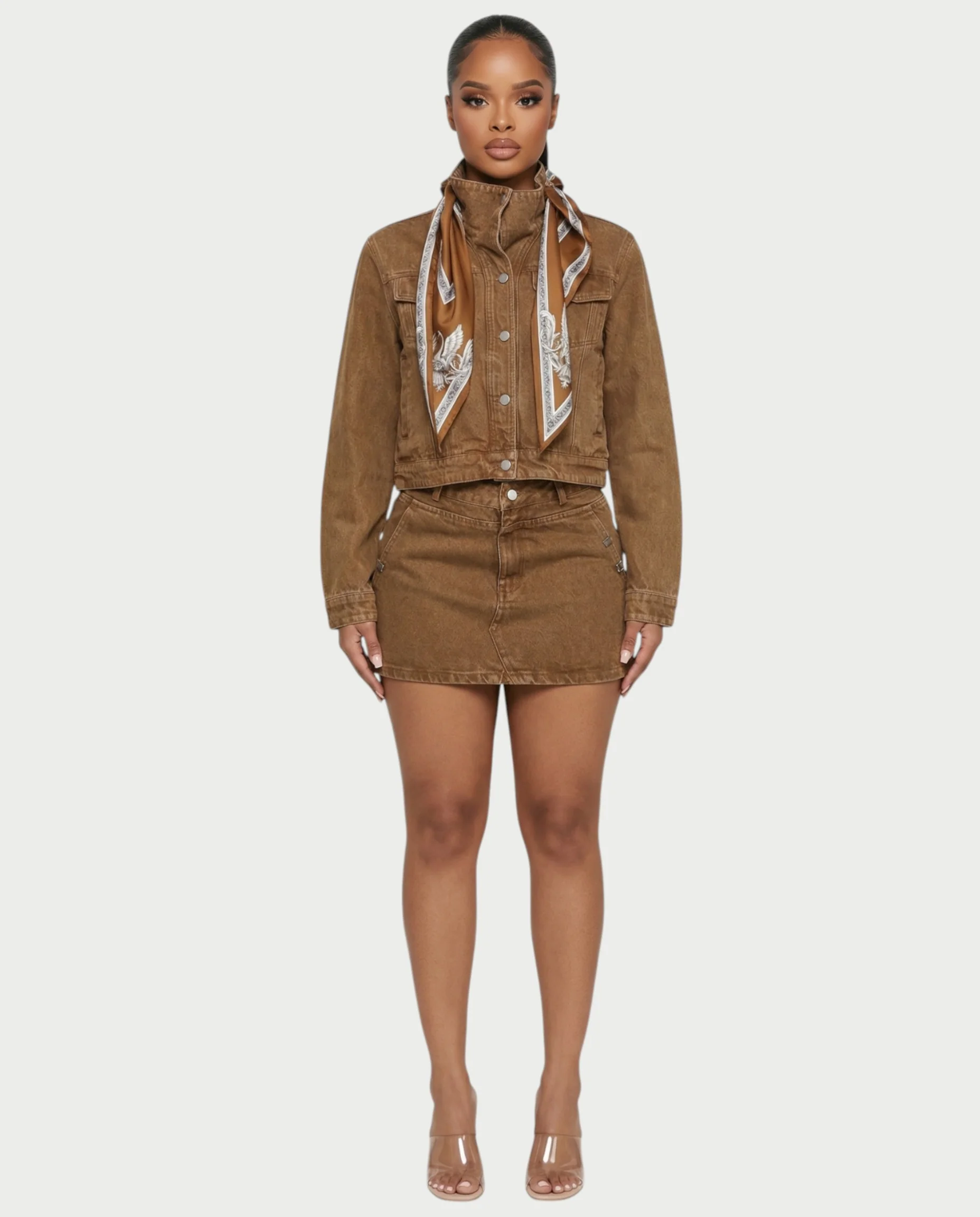 ROXIE Washed Denim Jacket with Scarf & Mini Skirt Set